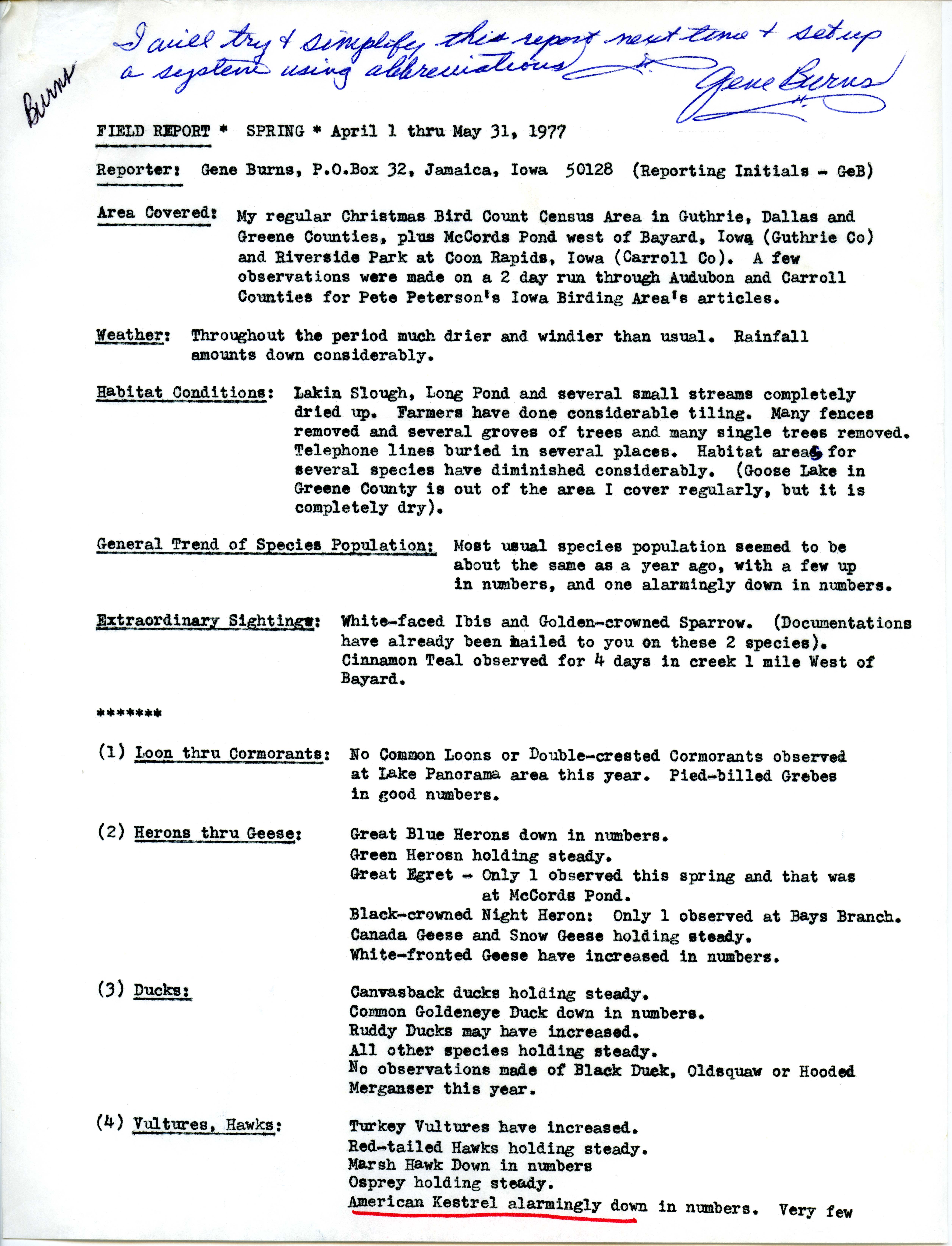 Field report for Spring, April 1 to May 31, 1977