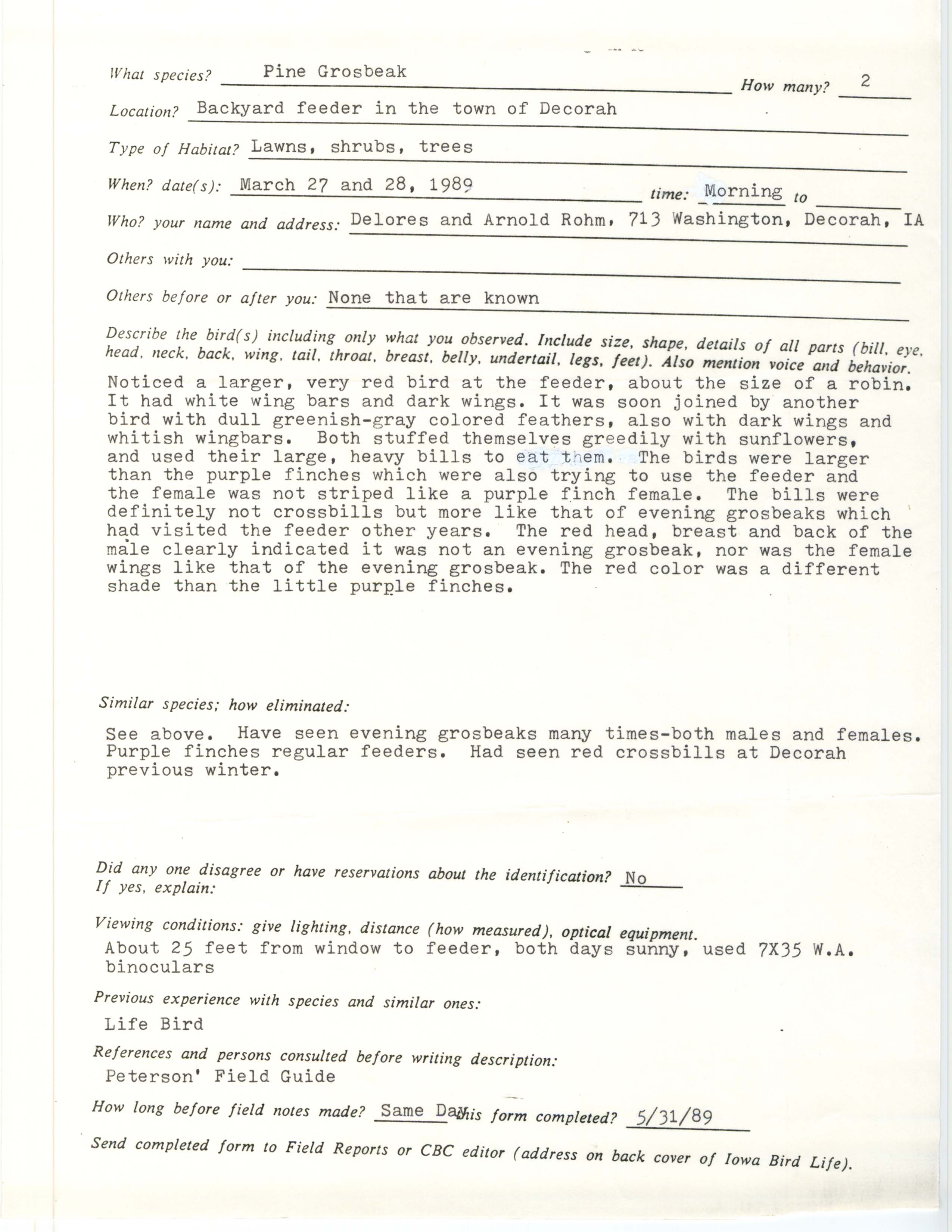 Rare bird documentation form for Pine Grosbeak at Decorah in 1989