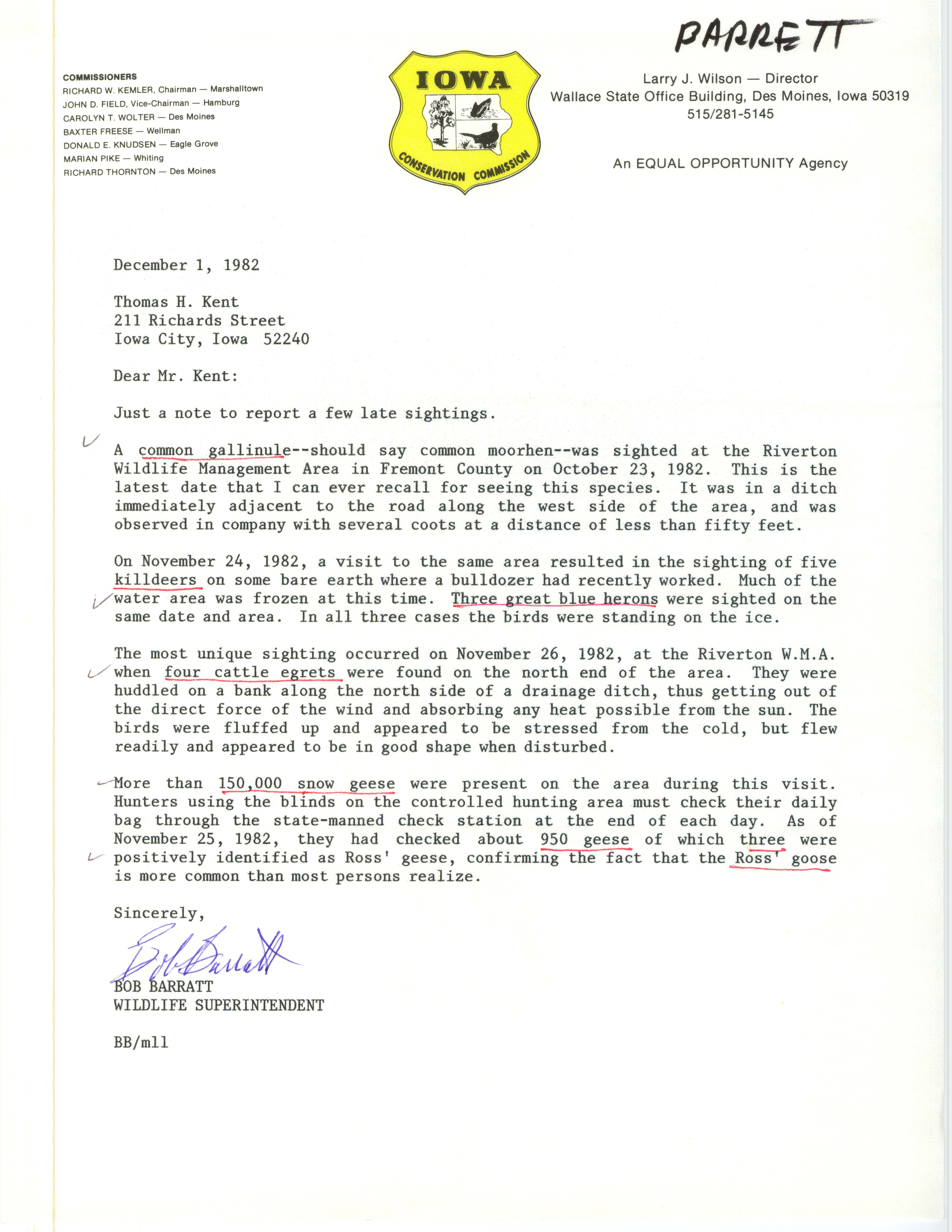 Bob Barratt letter to Thomas H. Kent regarding bird sightings, December 1, 1982