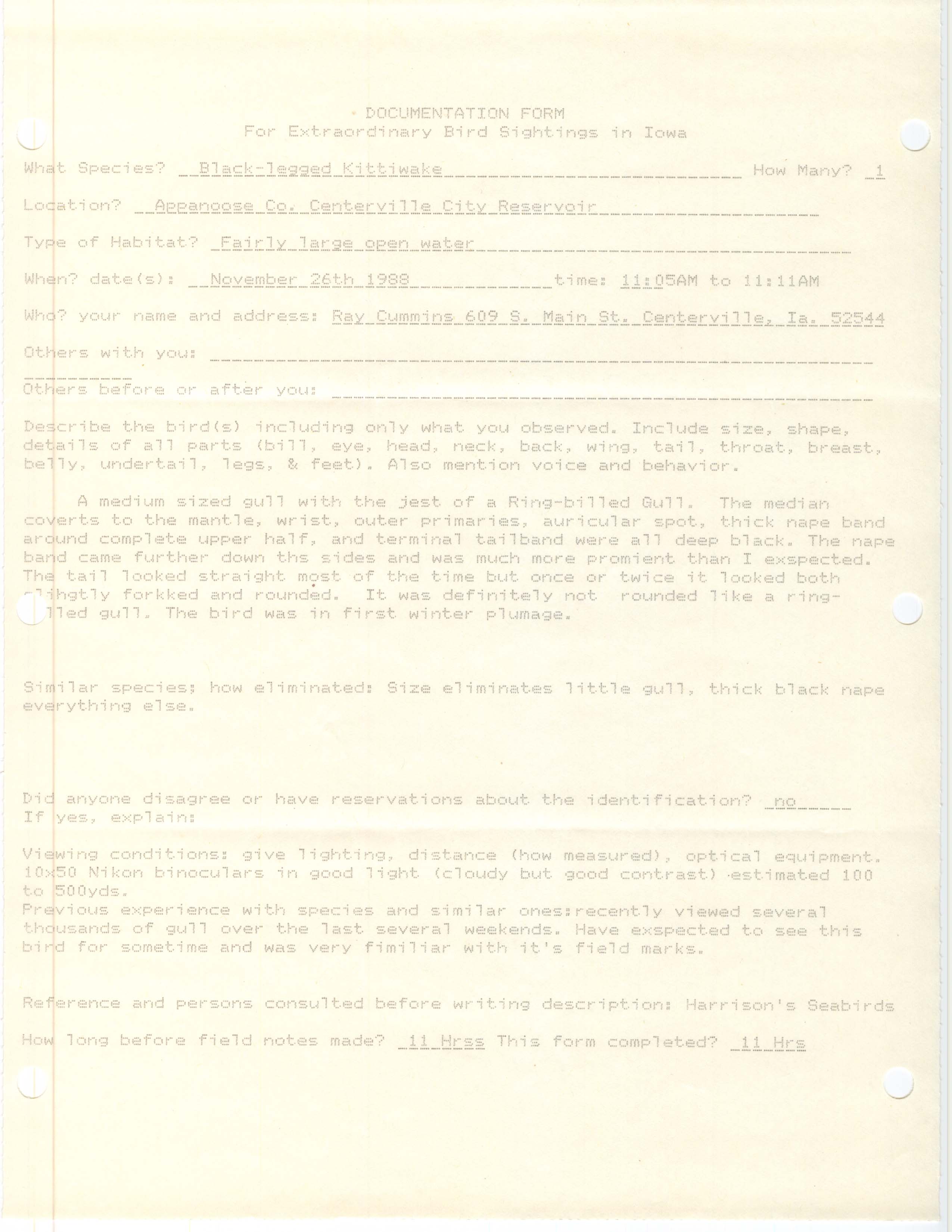 Rare bird documentation form for Black-legged Kittiwake at Centerville City Reservoir, 1988