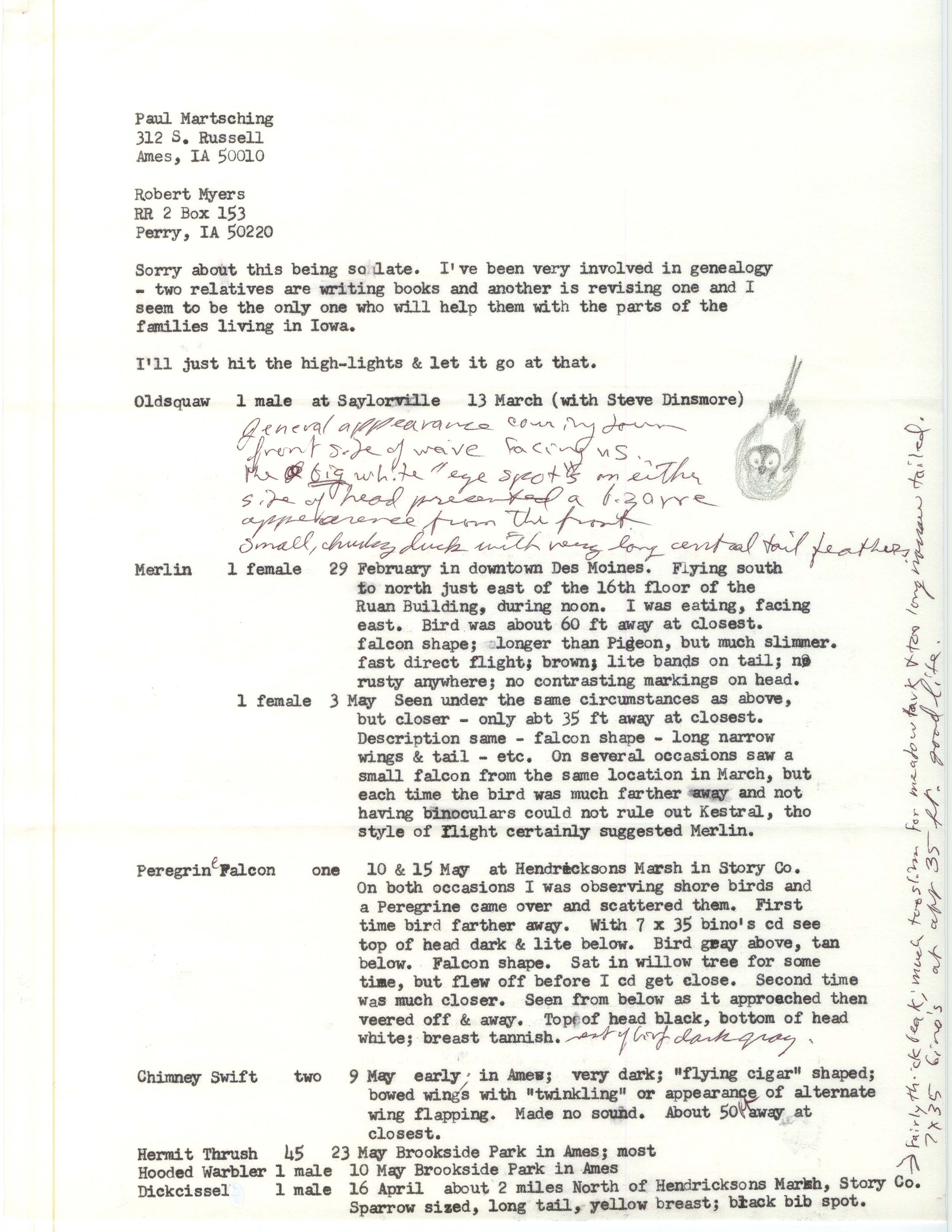 Paul Martsching letter to Robert K. Myers regarding bird sightings, spring 1988