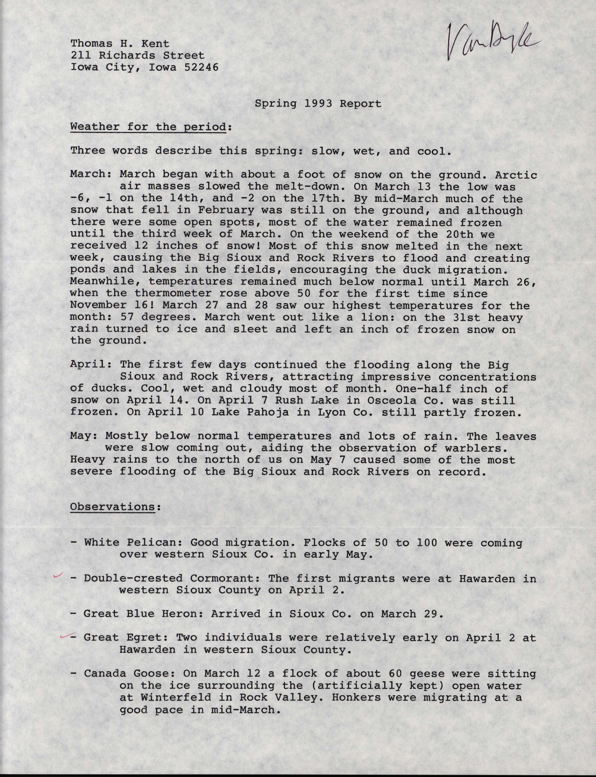 John Van Dyk letter to Thomas Kent regarding spring 1993 report, June 1, 1993