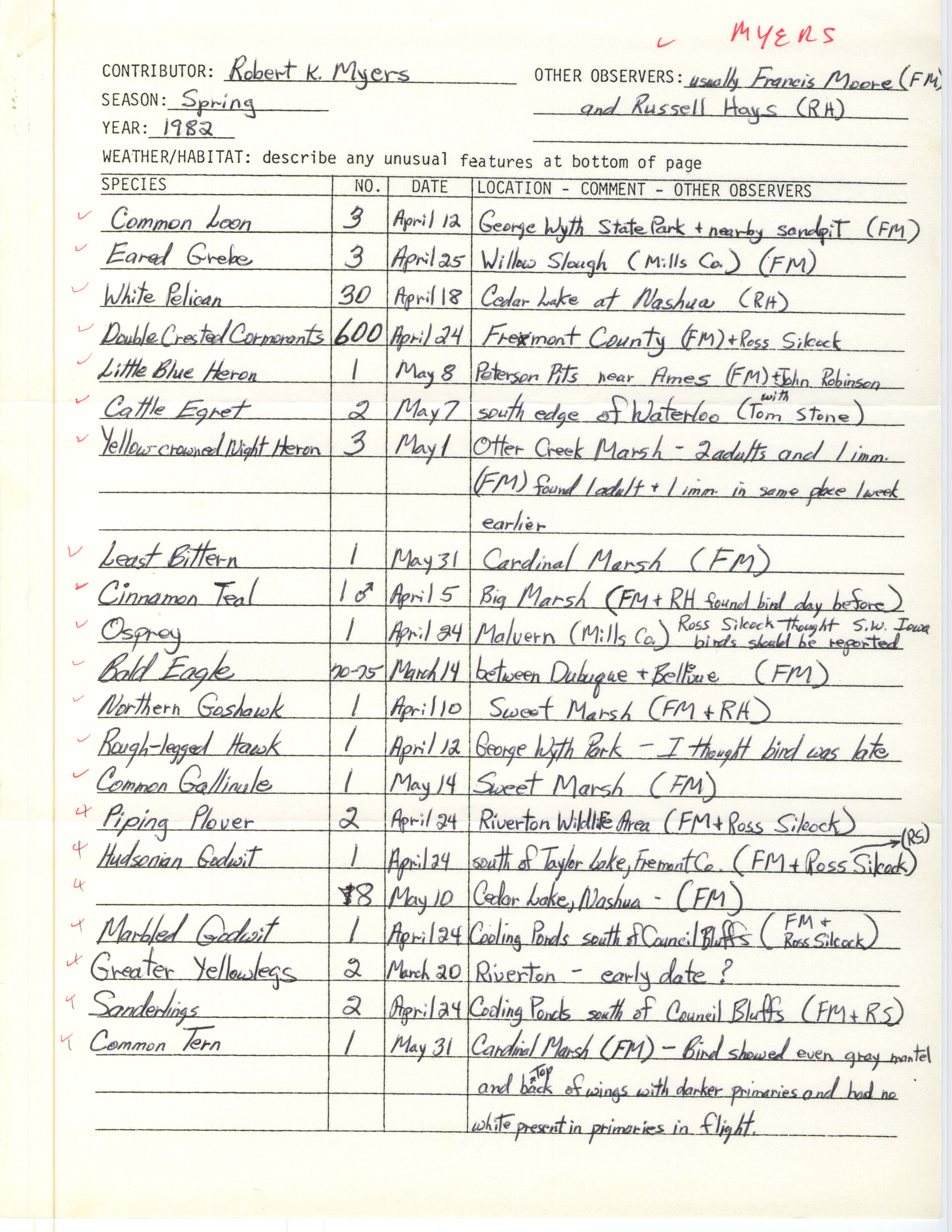 Field notes contributed by Robert K. Myers, spring 1982