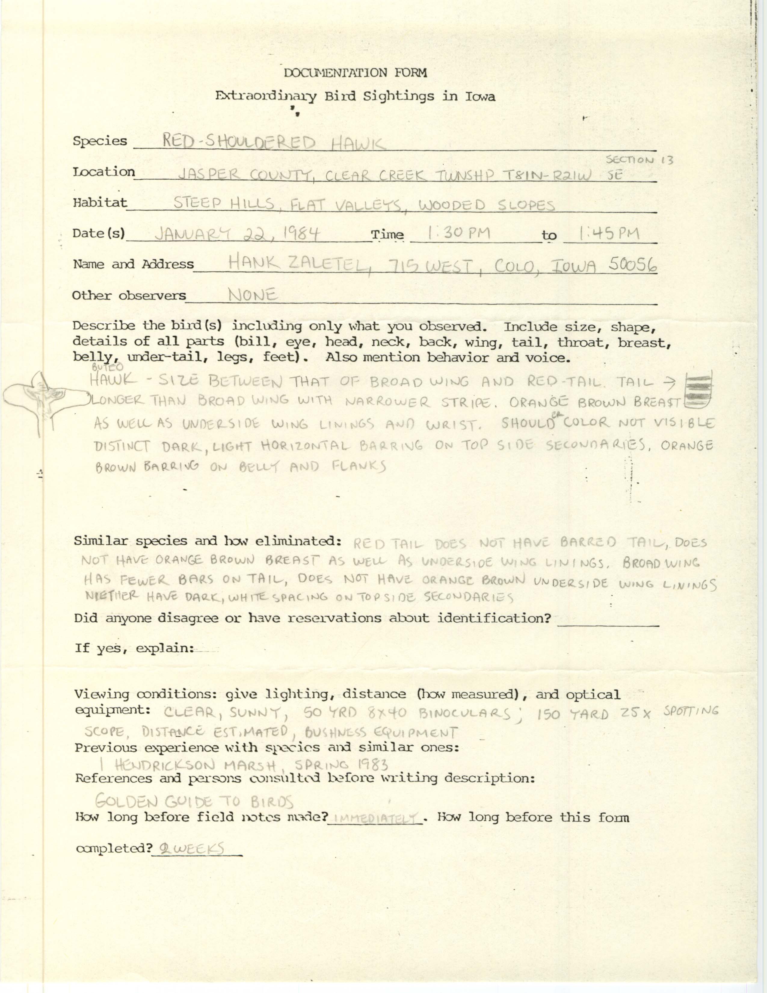 Rare bird documentation form for Red-shouldered Hawk at Clear Creek Township in Jasper County, 1984