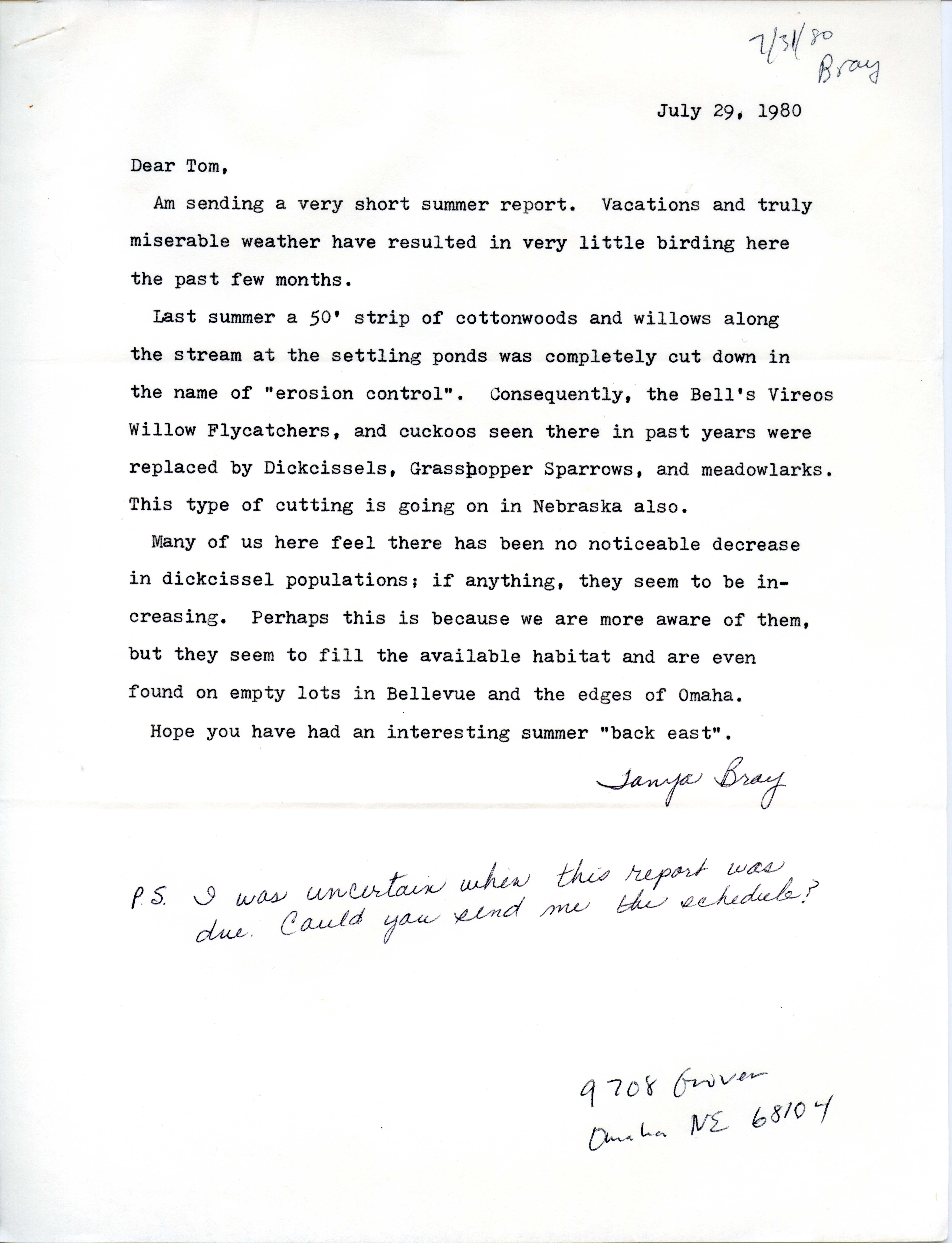 Tanya Bray letter to Thomas H. Kent regarding bird sightings, July 29, 1980