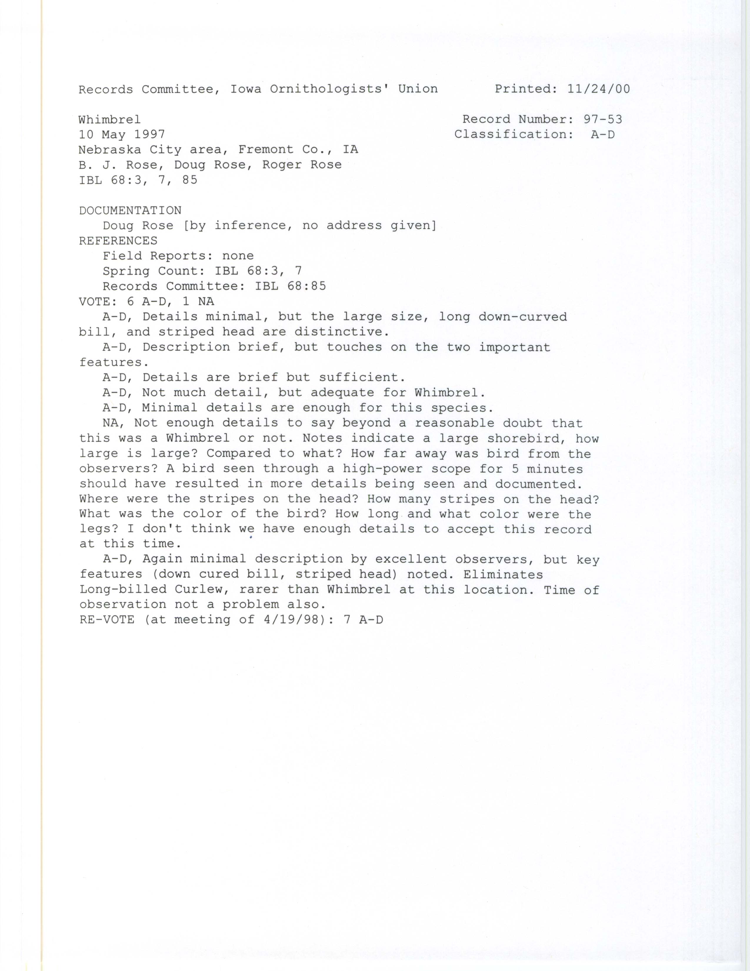 Records Committee review for rare bird sighting for Whimbrel in the Nebraska City area in 1997