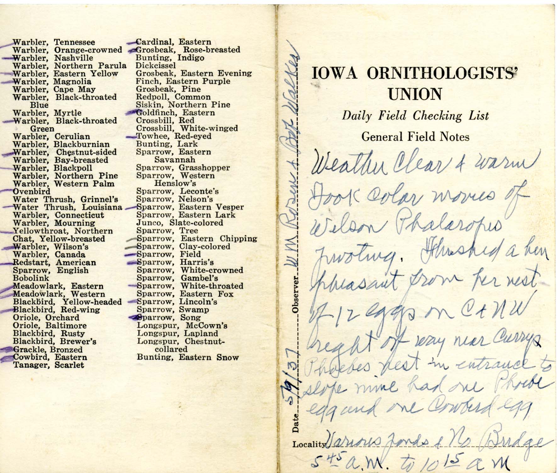 Daily field checking list by Walter Rosene, May 9, 1937