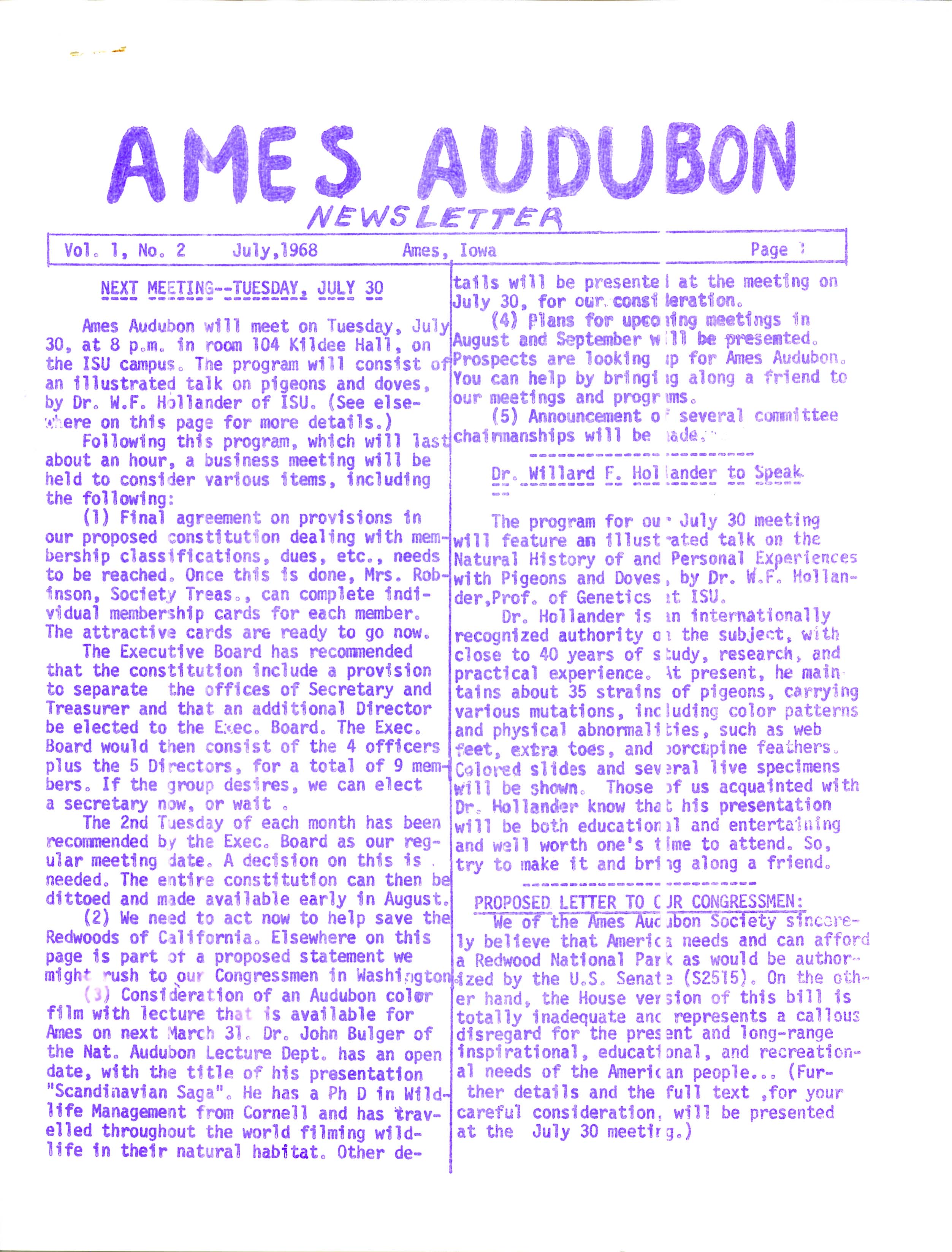 Ames Audubon Newsletter, Volume 1, Number 2, July 1968