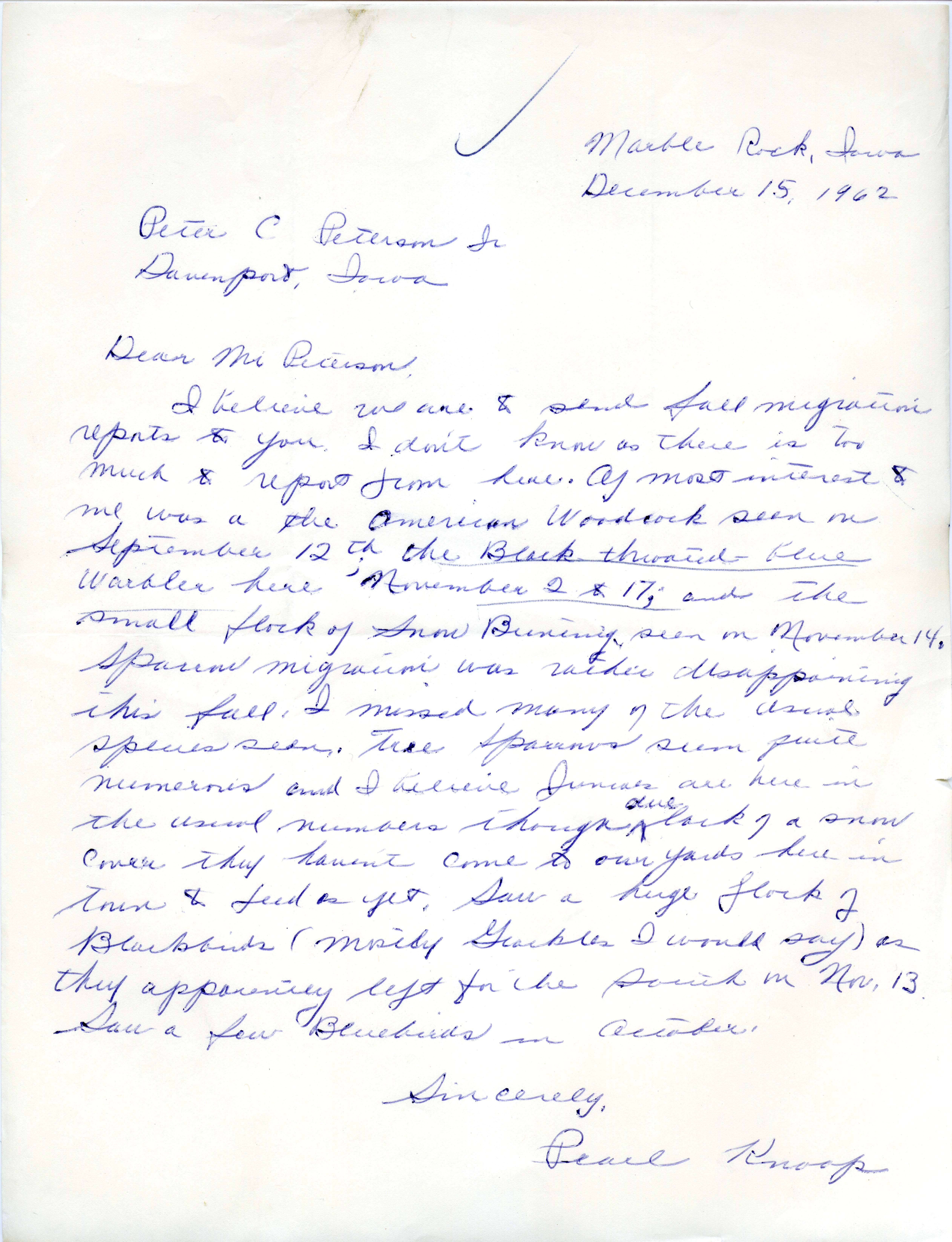 Pearl Knoop letter to Peter C. Petersen regarding fall migration, December 15, 1962 