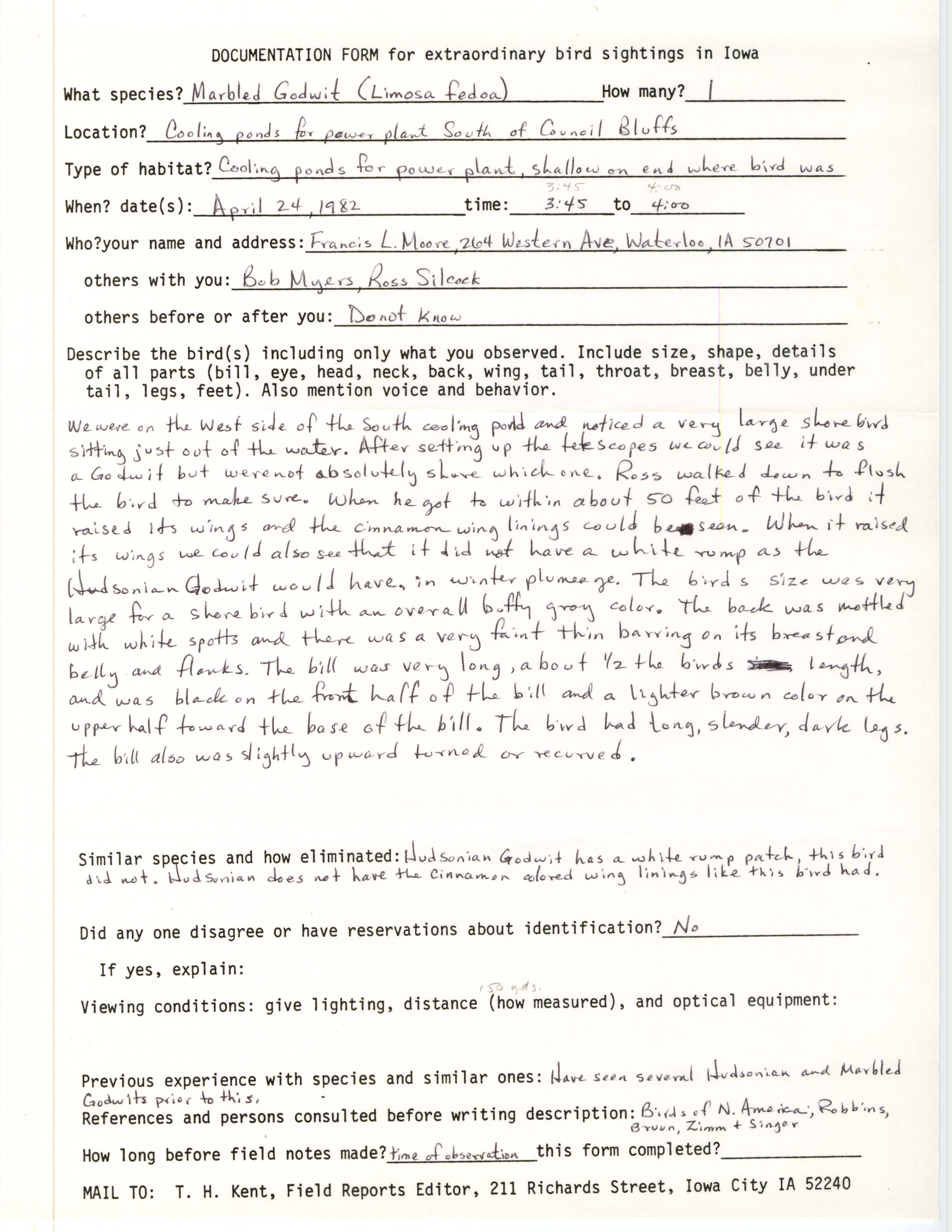 Rare bird documentation form for Marbled Godwit at MidAmerican Energy Ponds in 1982