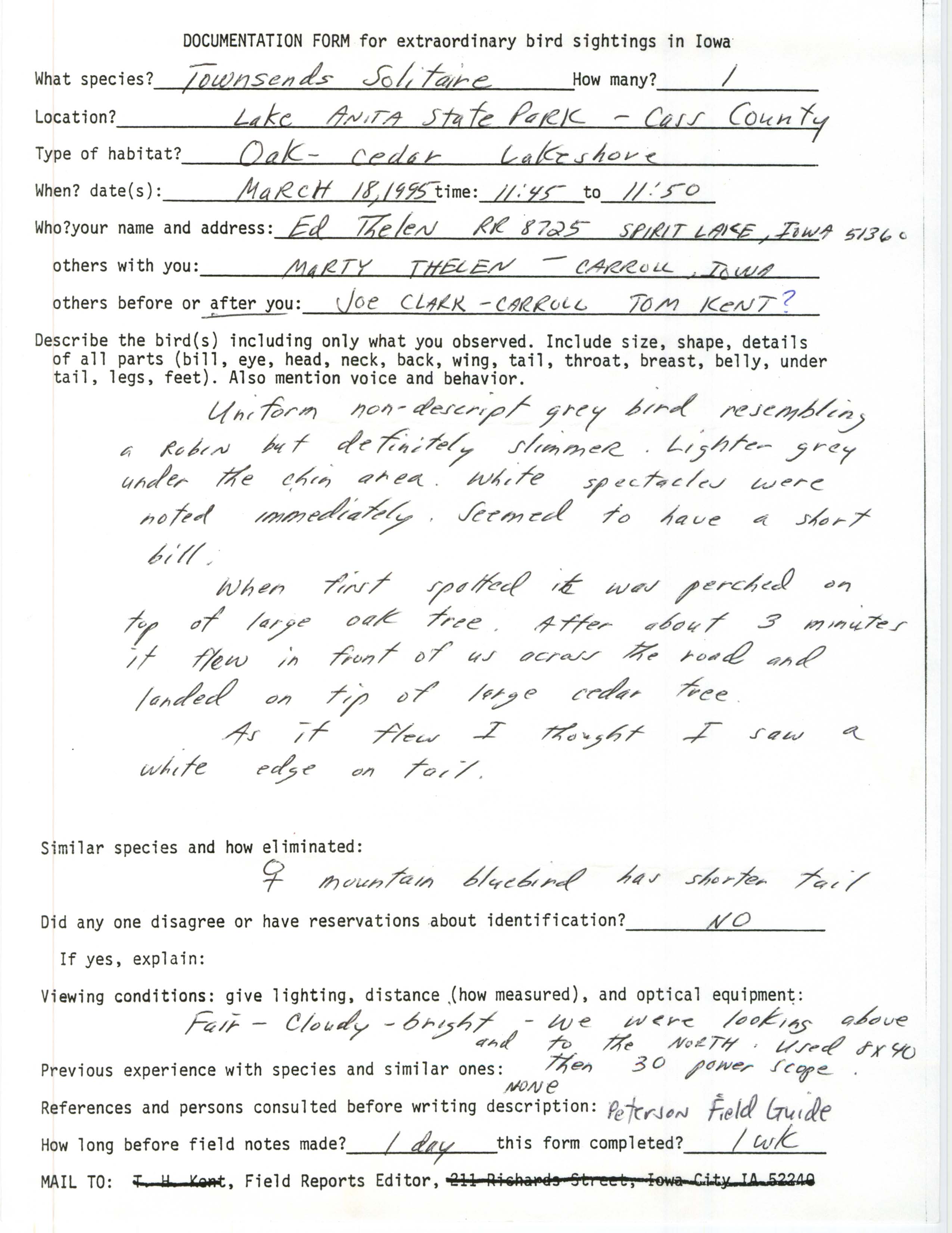 Rare bird documentation form for Townsend's Solitaire at Lake Anita State Park, 1995