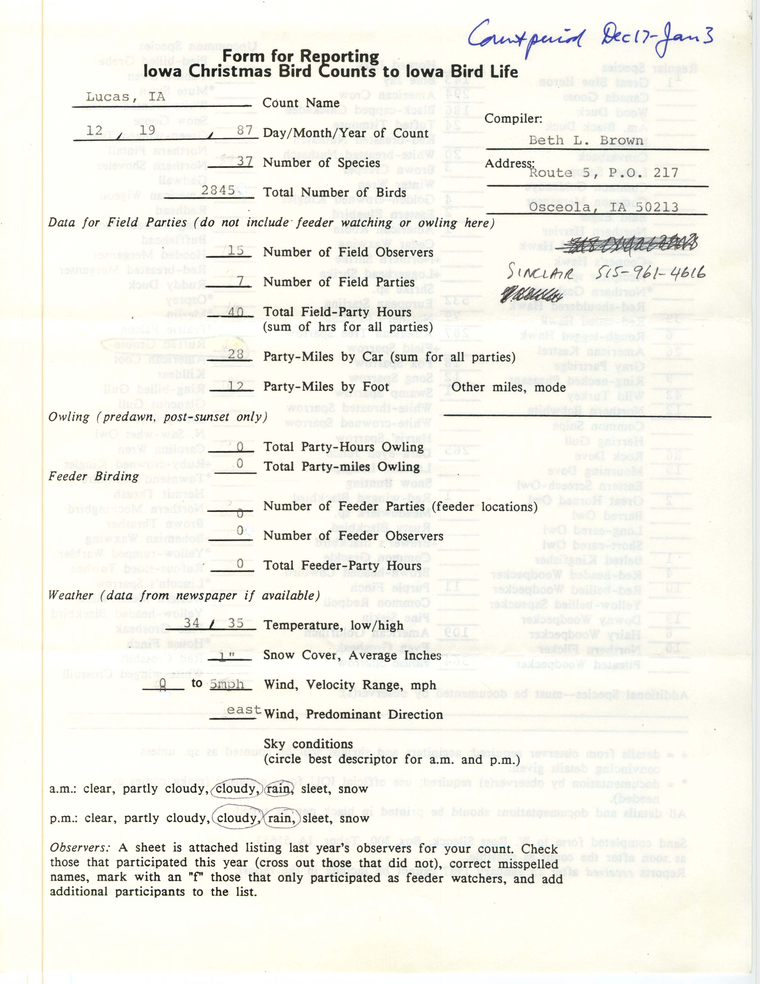Form for reporting Iowa Christmas bird counts to Iowa Bird Life, Beth Brown, December 19, 1987