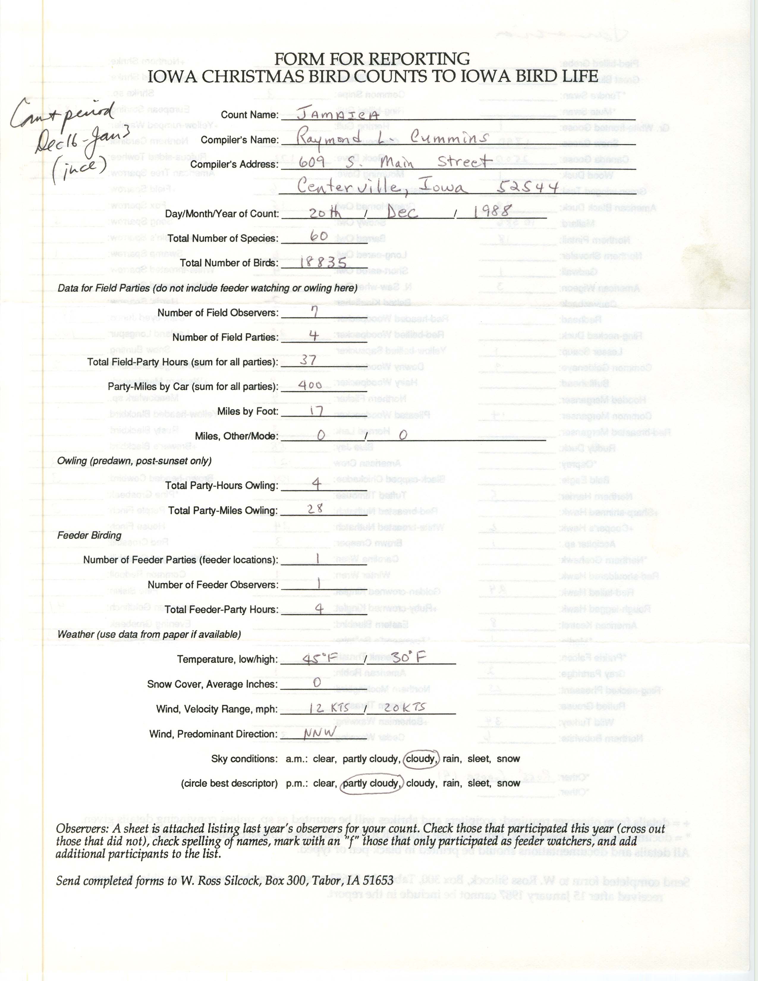Form for reporting Iowa Christmas bird counts to Iowa Bird Life, Raymond L. Cummins, December 20, 1988