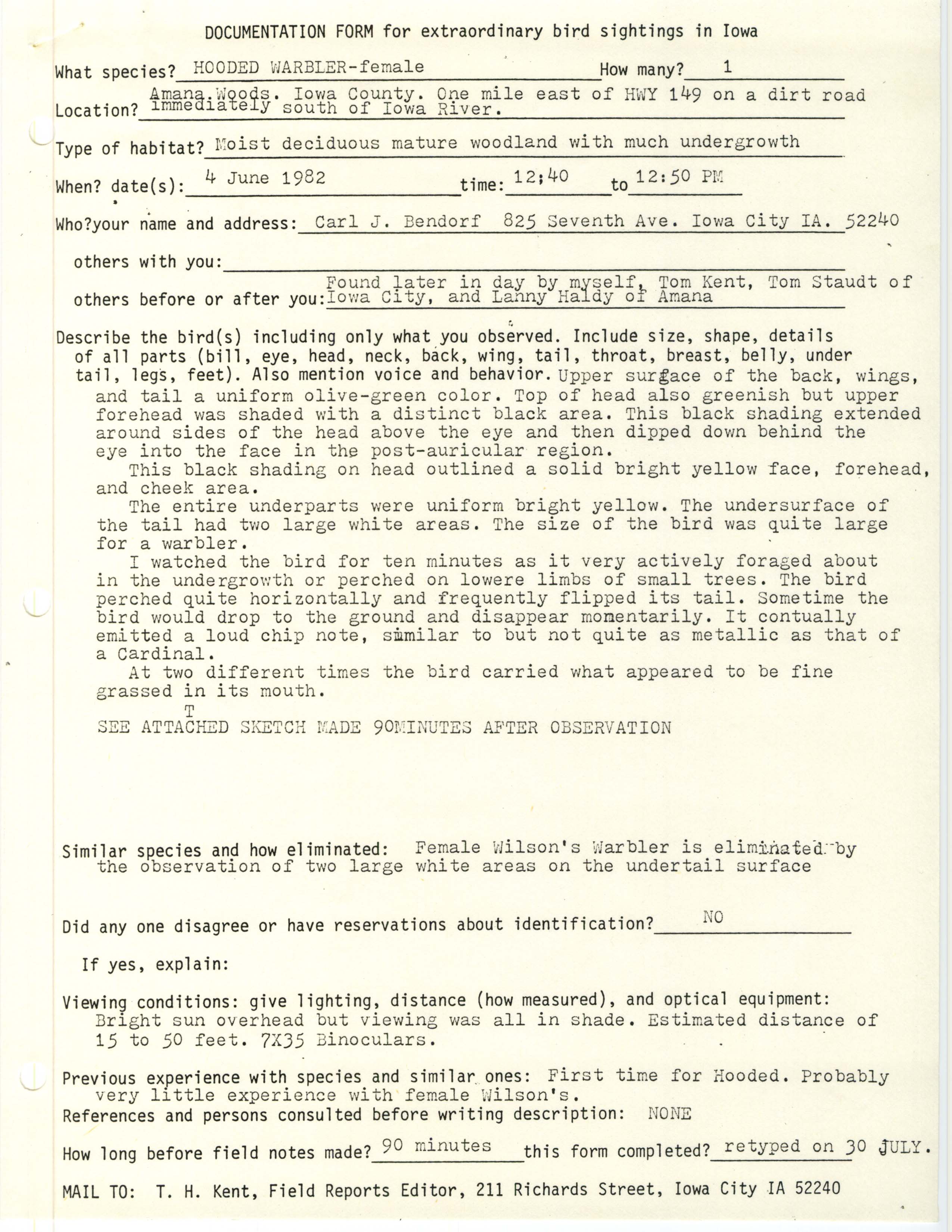 Rare bird documentation form for Hooded Warbler at Amana Woods, 1982