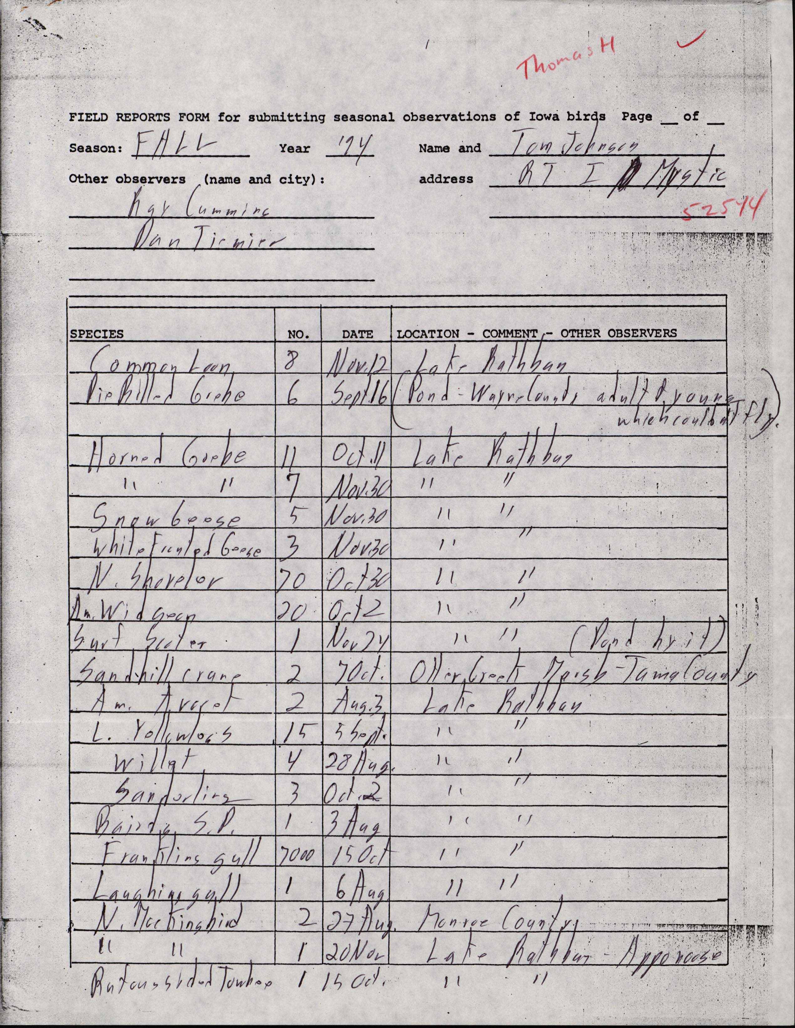 Field reports form for submitting seasonal observations of Iowa birds, Tom Johnson, fall 1994