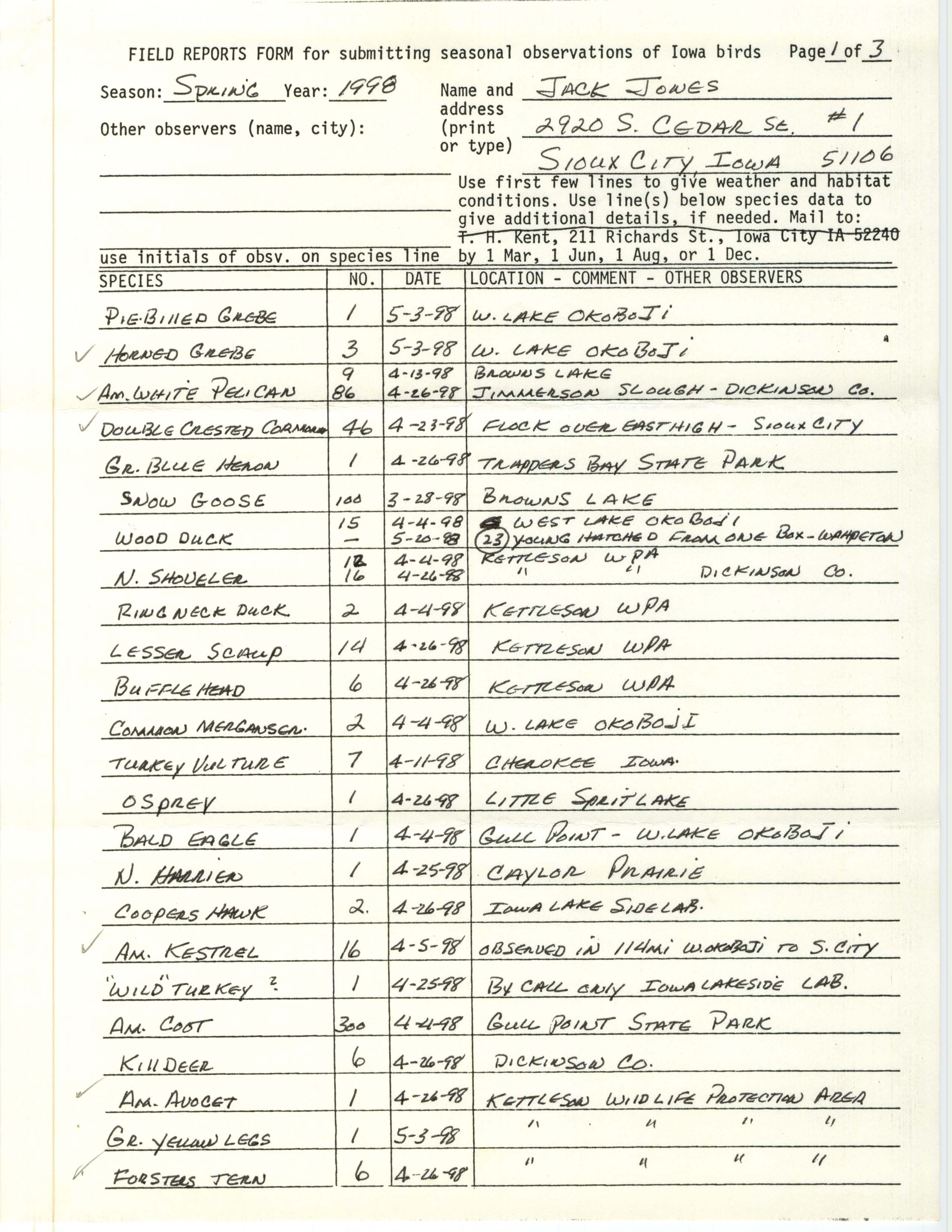 Field reports form for submitting seasonal observations of Iowa birds, Jack Jones, spring 1998