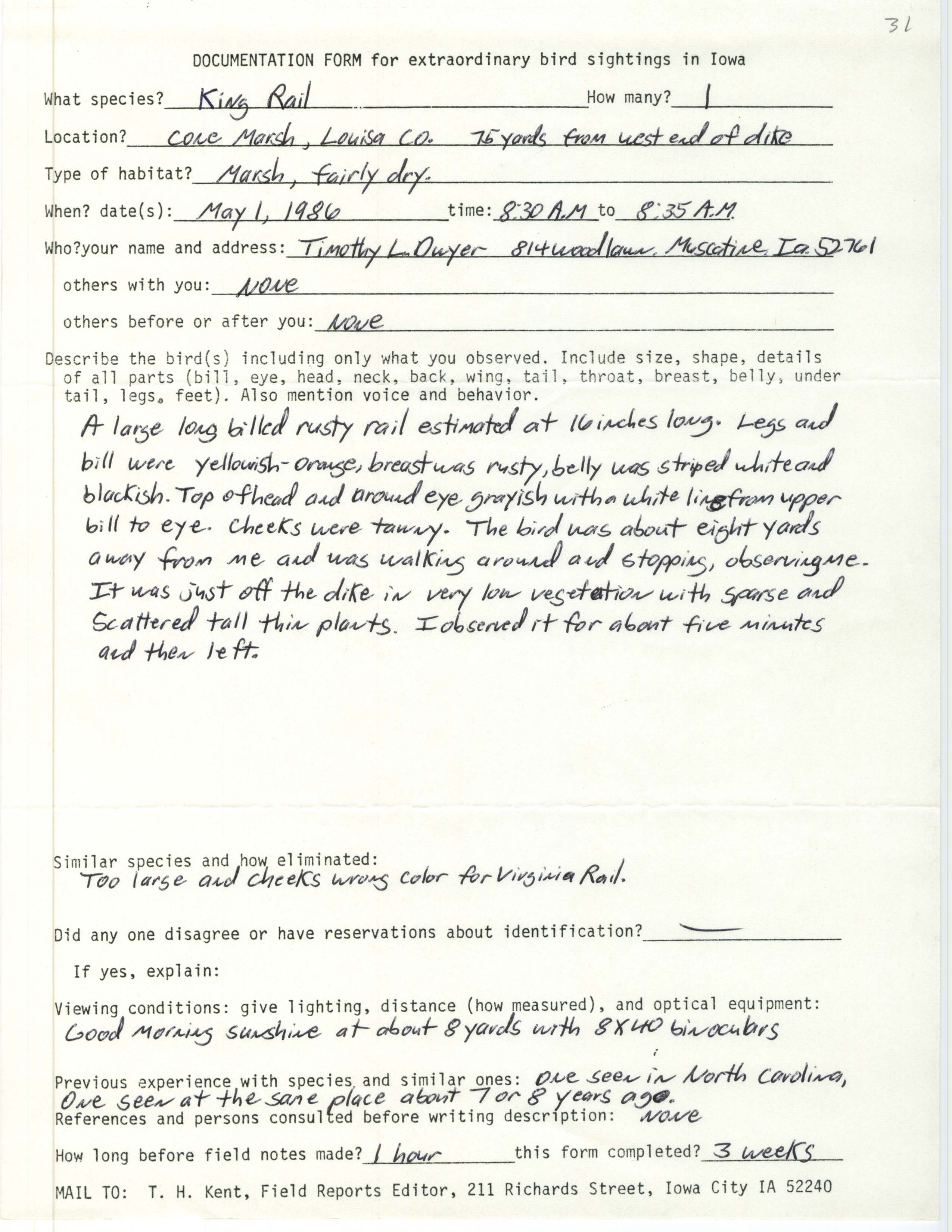 Rare bird documentation form for King Rail at Cone Marsh, 1986