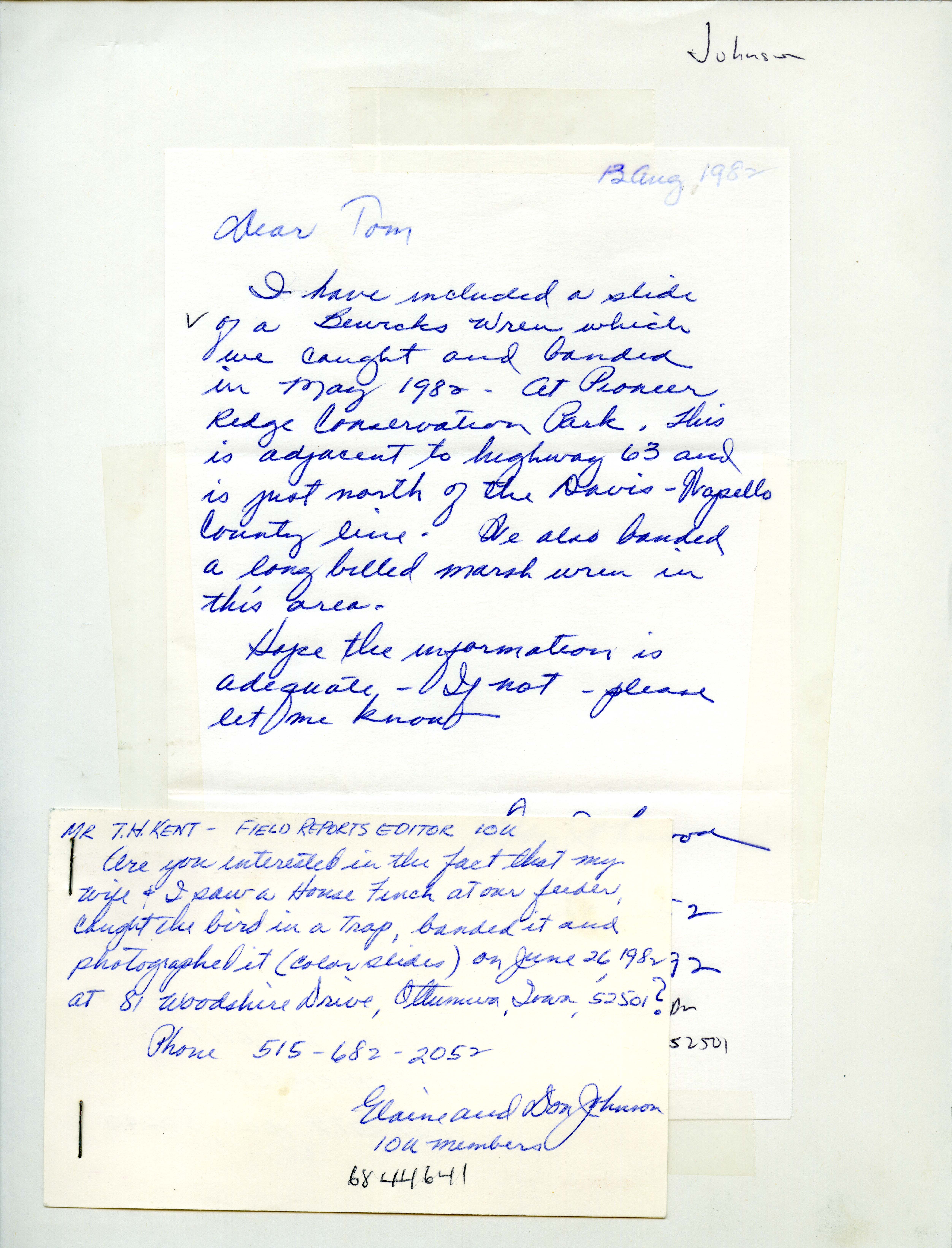 Elaine and Don Johnson letter to Thomas H. Kent regarding banding, August 13, 1982 