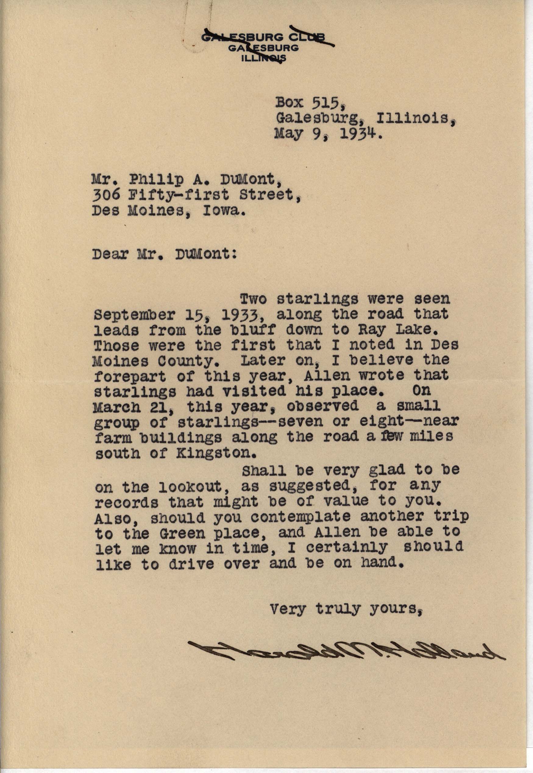 Harold Holland letter to Philip DuMont regarding Starling sightings, May 9, 1934