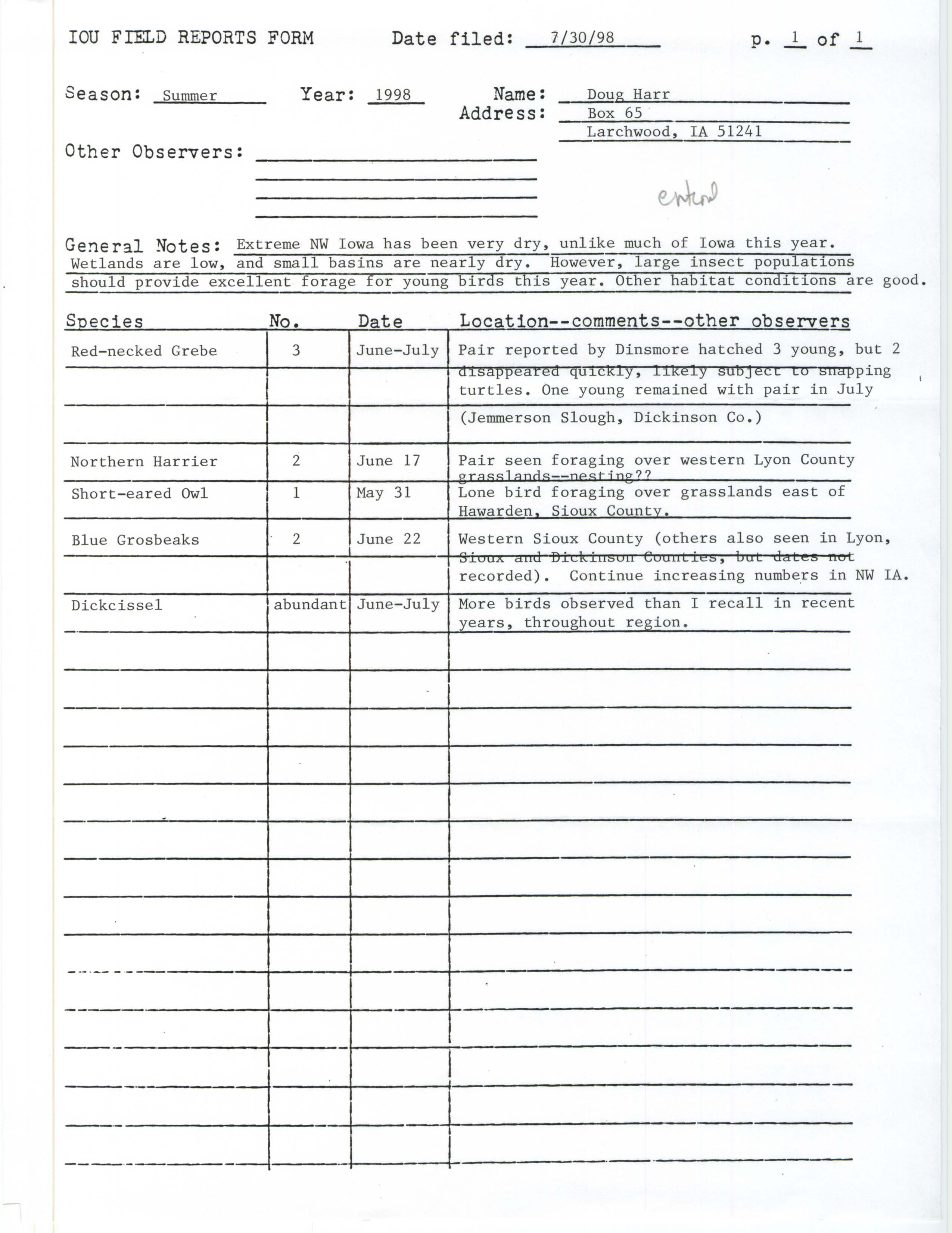 IOU field reports form, Doug Harr, July 30, 1998