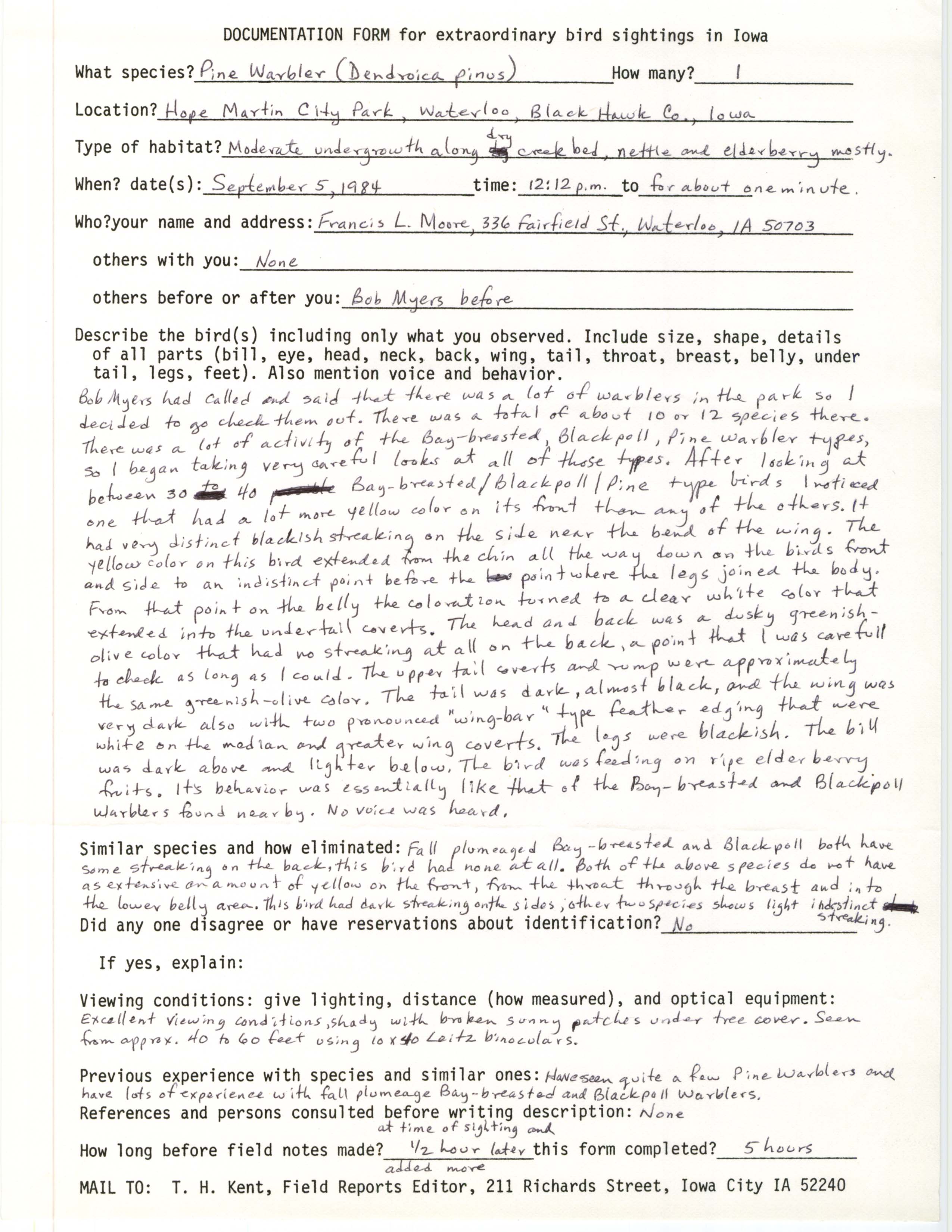 Rare bird documentation form for Pine Warbler at Hope Martin Memorial Park in Waterloo, 1984