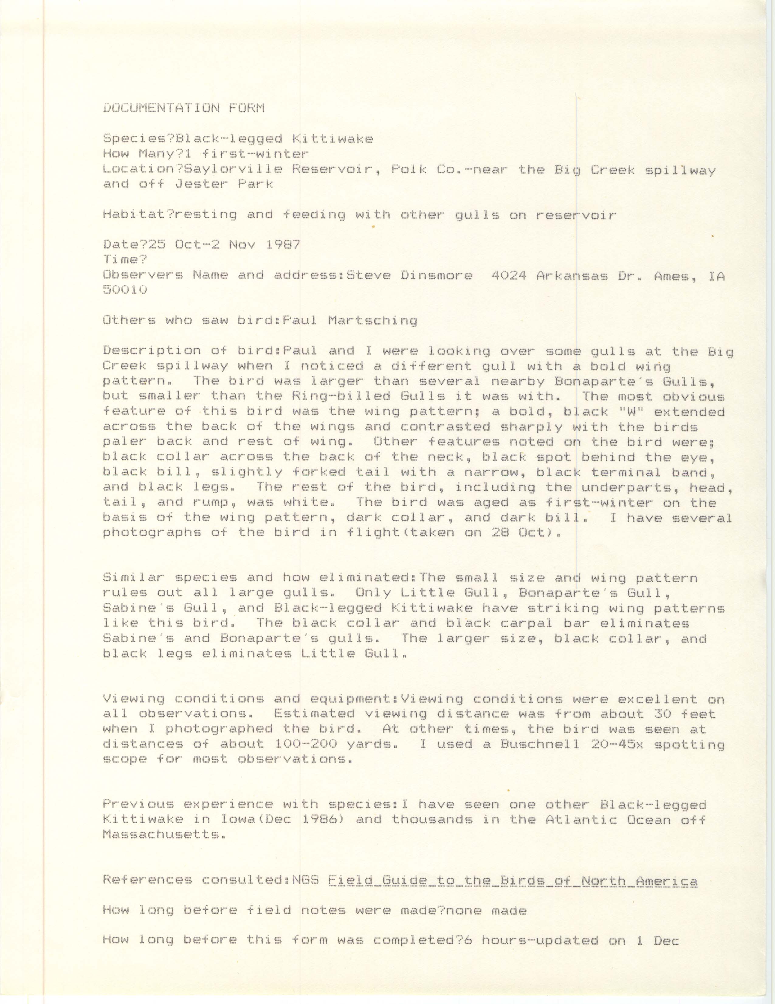 Rare bird documentation form for Black-legged Kittiwake at Saylorville Reservoir in 1987