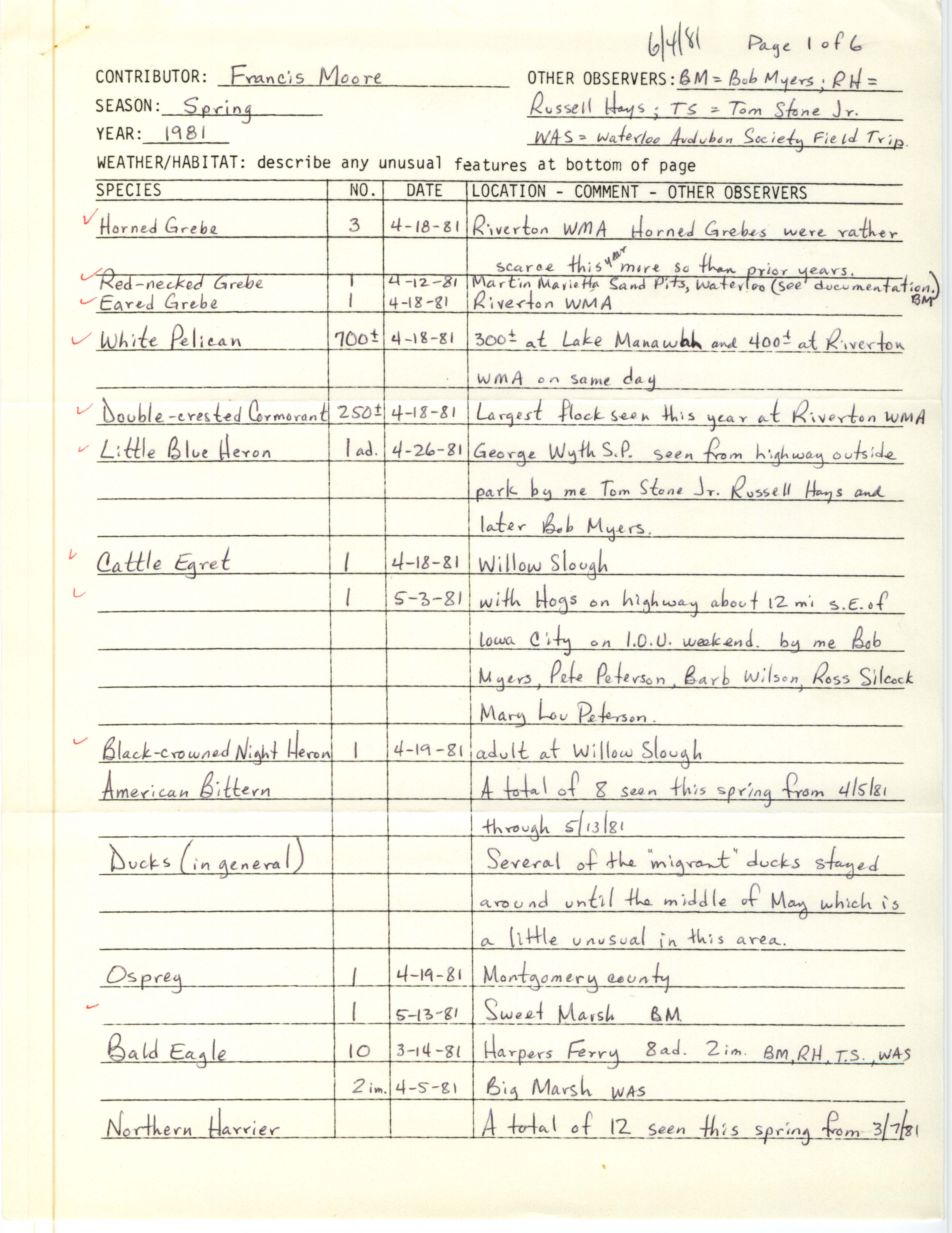 Annotated bird sighting list for spring 1981 compiled by Francis Moore