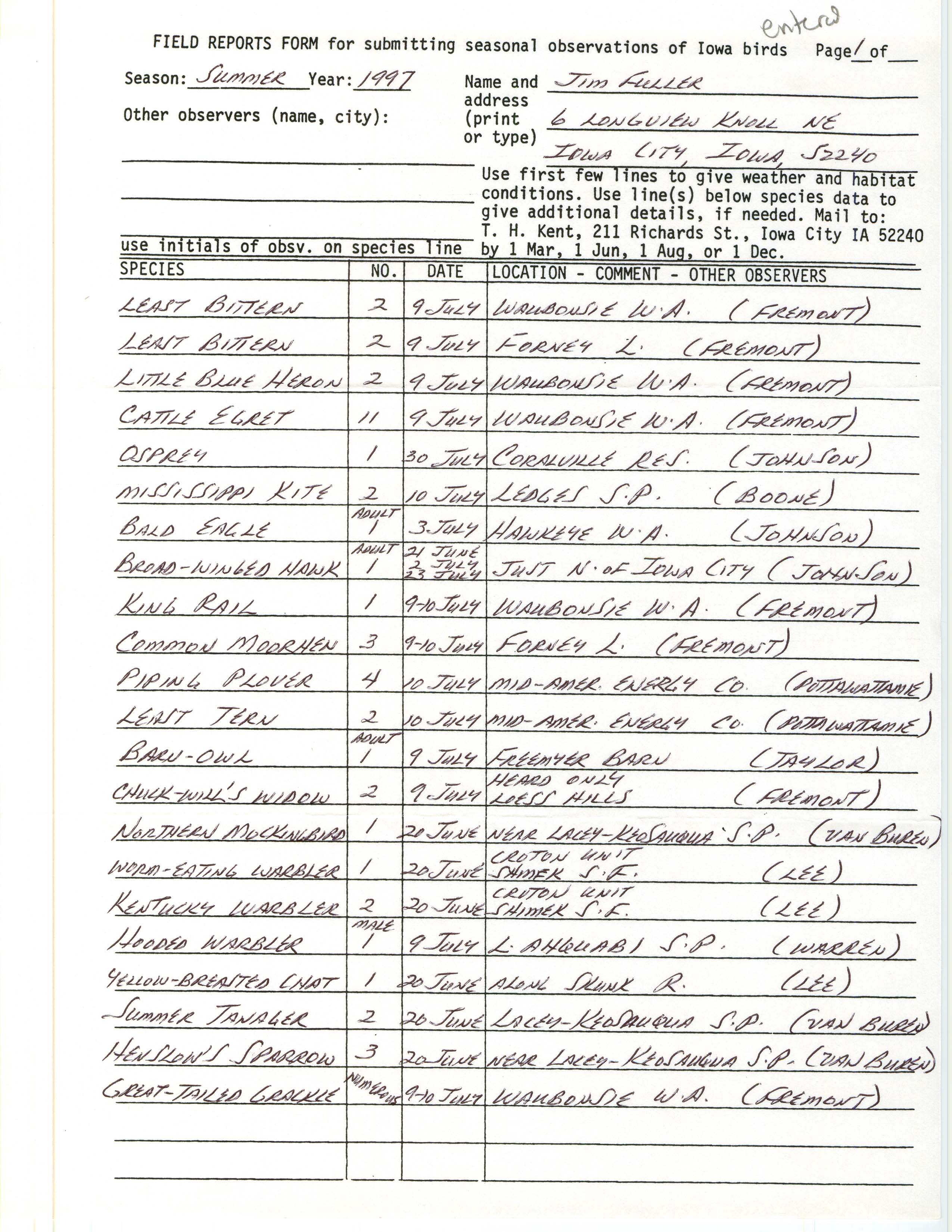 Field reports form for submitting seasonal observations of Iowa birds, James L. Fuller, summer 1997