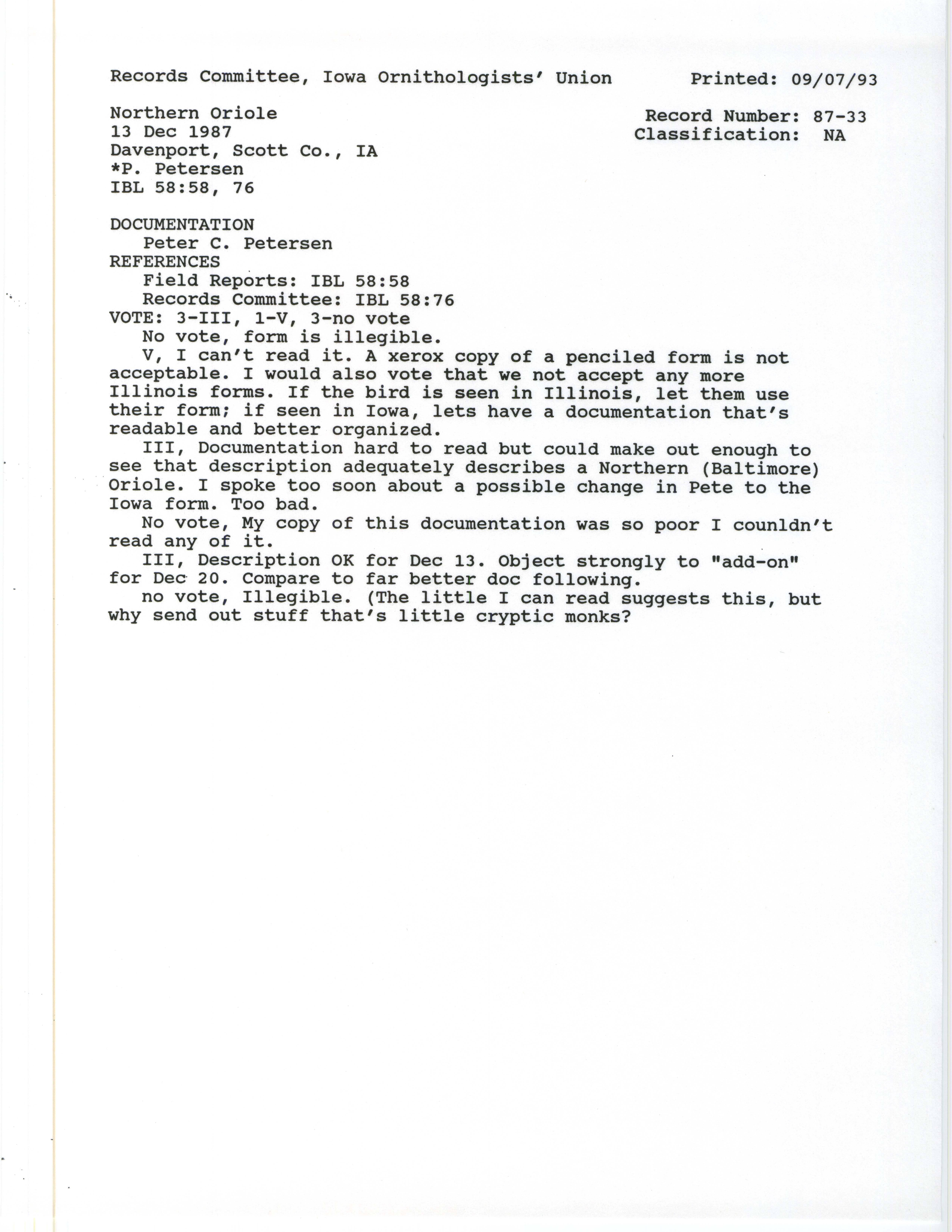 Records Committee review for rare bird sighting for Northern Oriole at Davenport, 1987