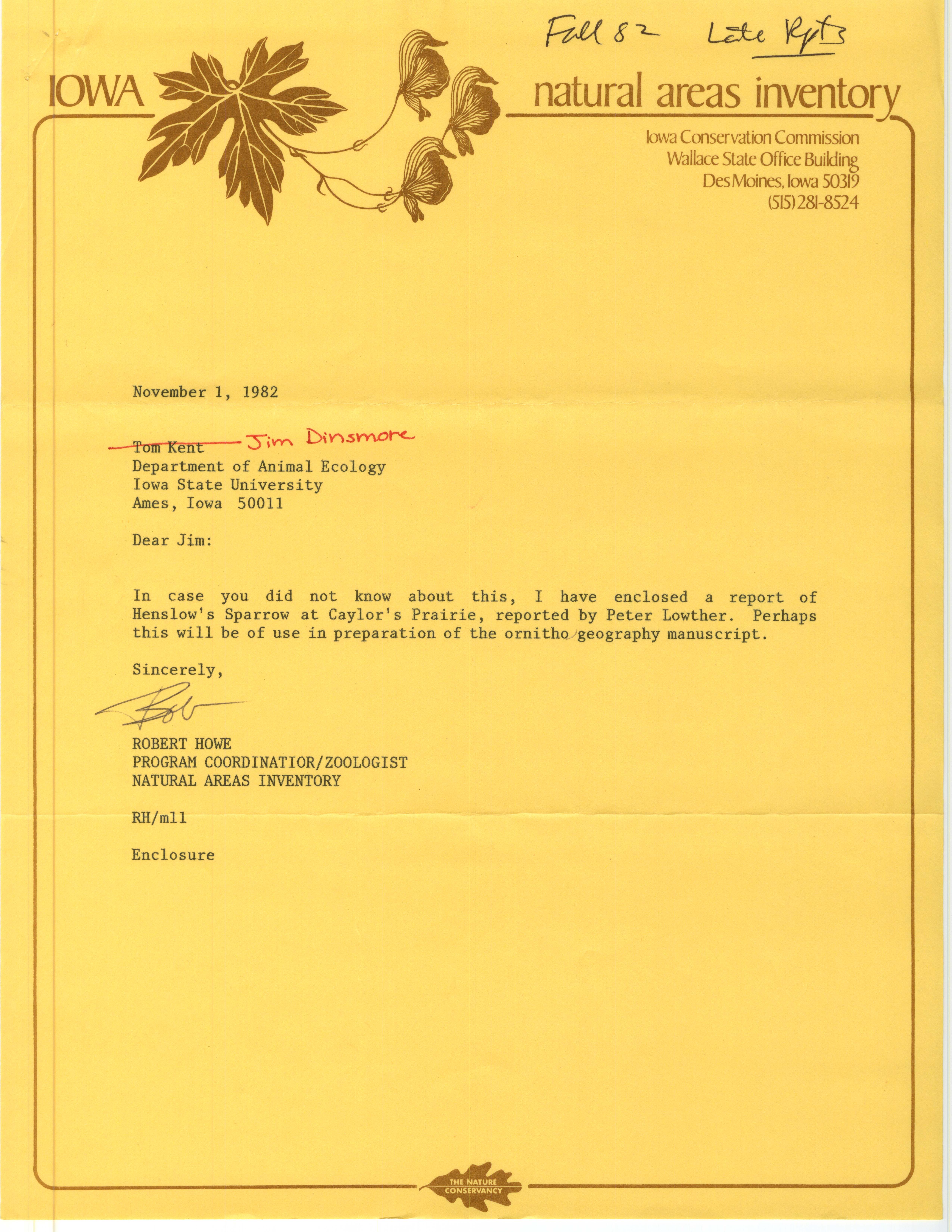Robert W. Howe letter to James J. Dinsmore regarding a report of a Henslow's Sparrow, November 1, 1982