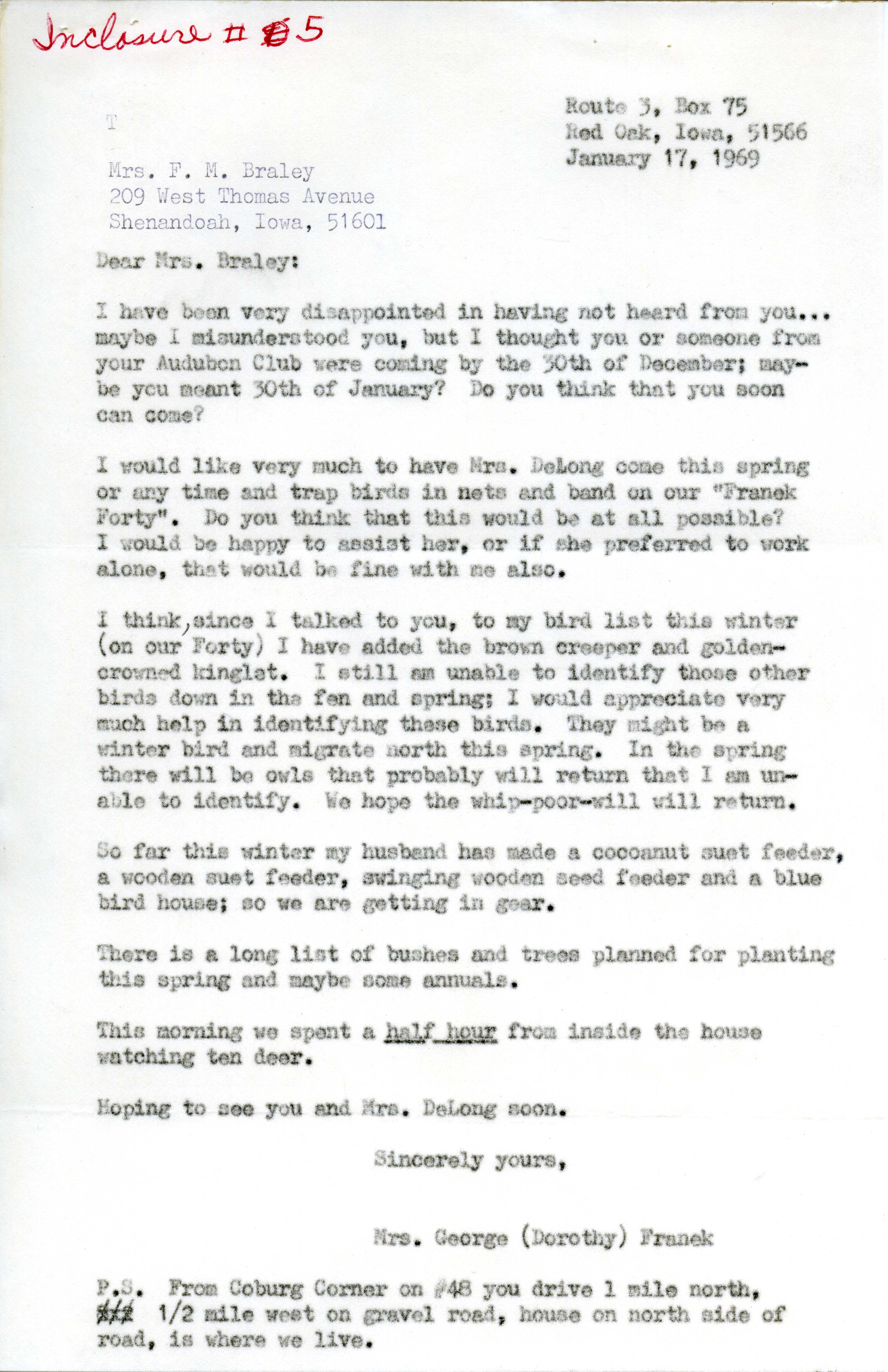 Dorothy Franek letter to Frances Braley regarding her activities with birds, January 17, 1969