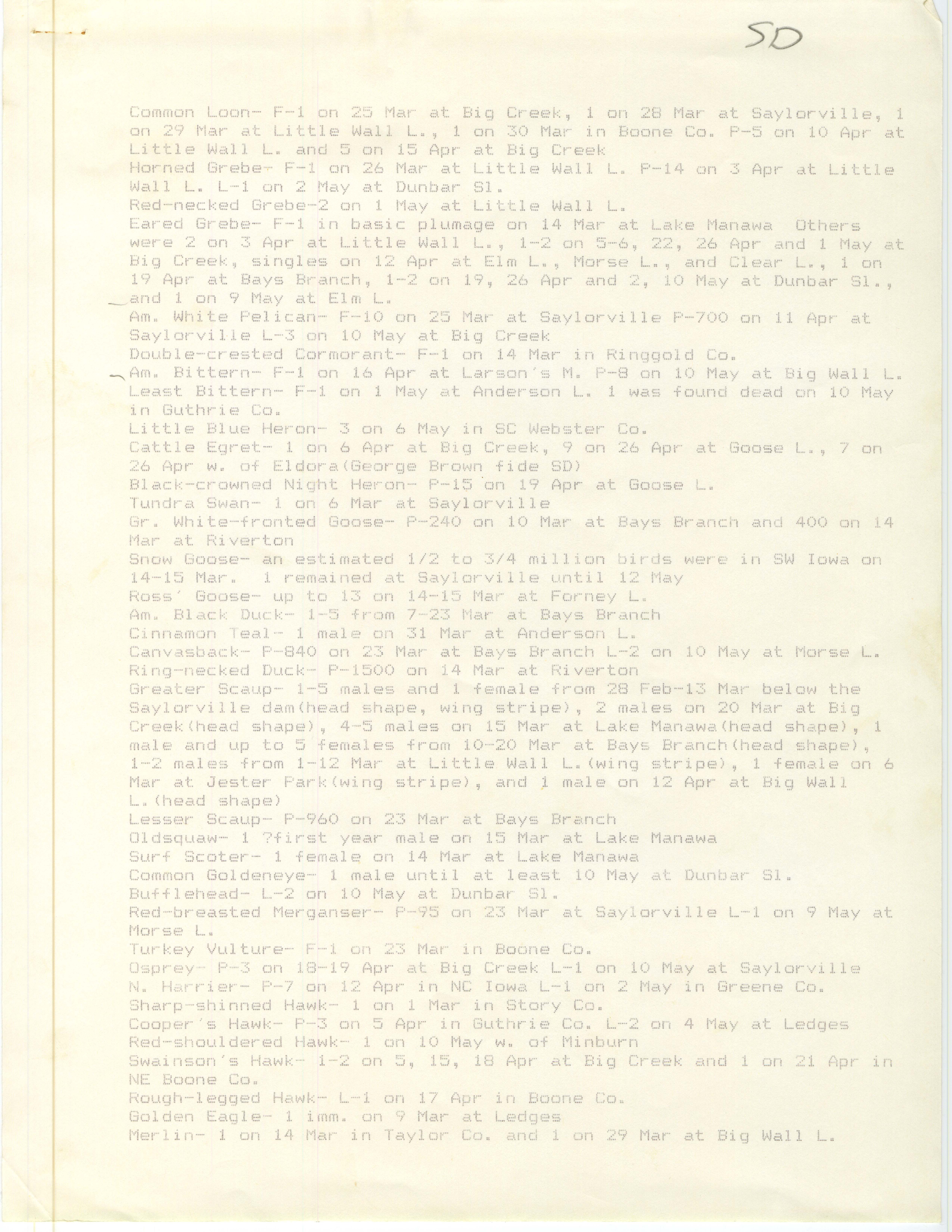Annotated bird sighting list for Spring 1986 compiled by  Steve Dinsmore