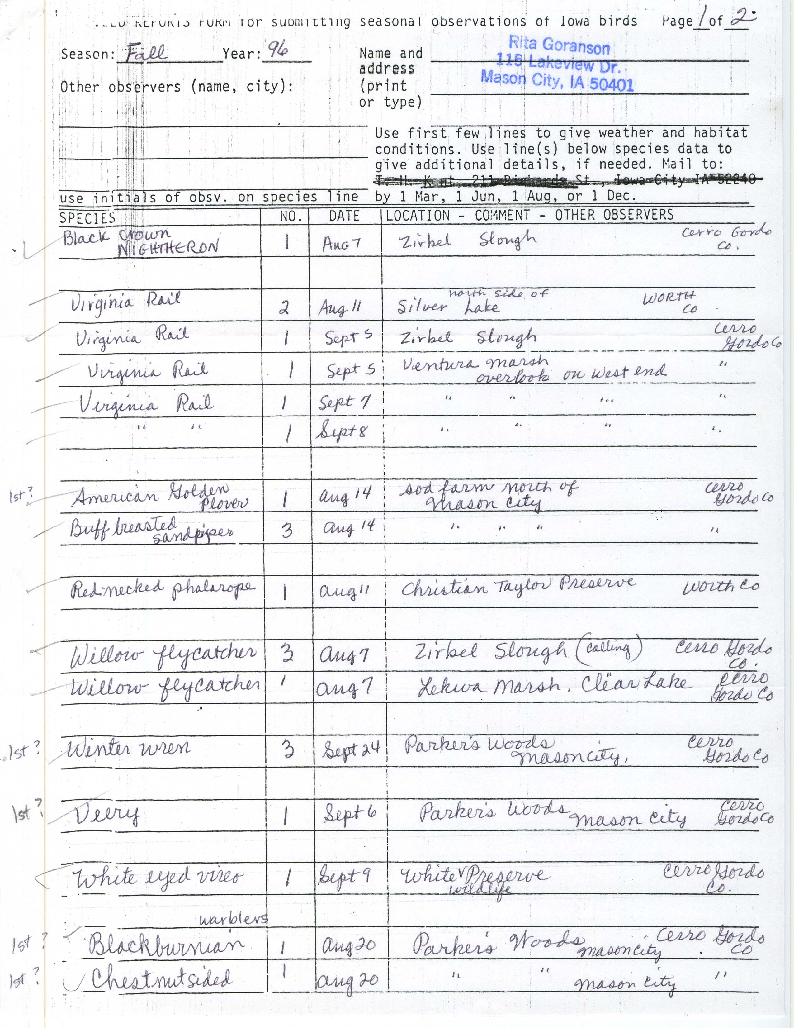 Field reports form for submitting seasonal observations of Iowa birds, Rita Goranson, fall 1996