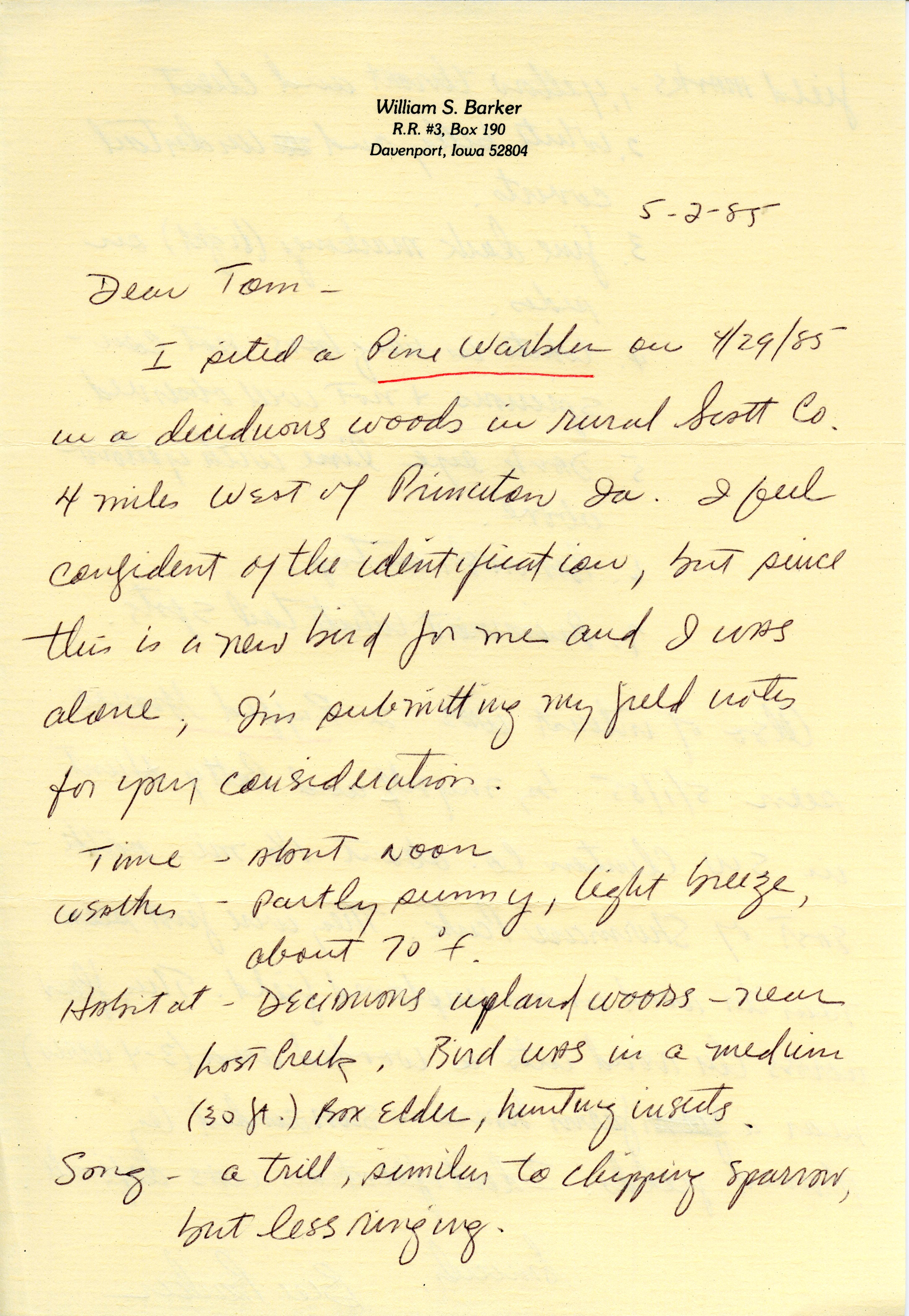 William S. Barker letter to Thomas H. Kent regarding bird sightings, May 2, 1985