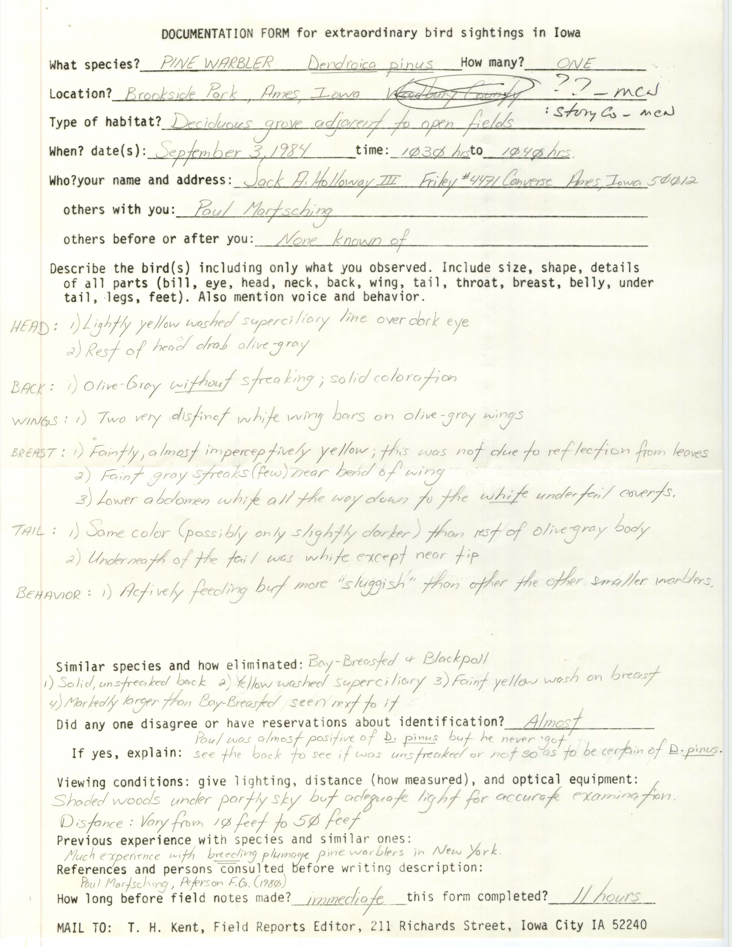 Rare bird documentation form for Pine Warbler at Brookside Park in Ames, 1984