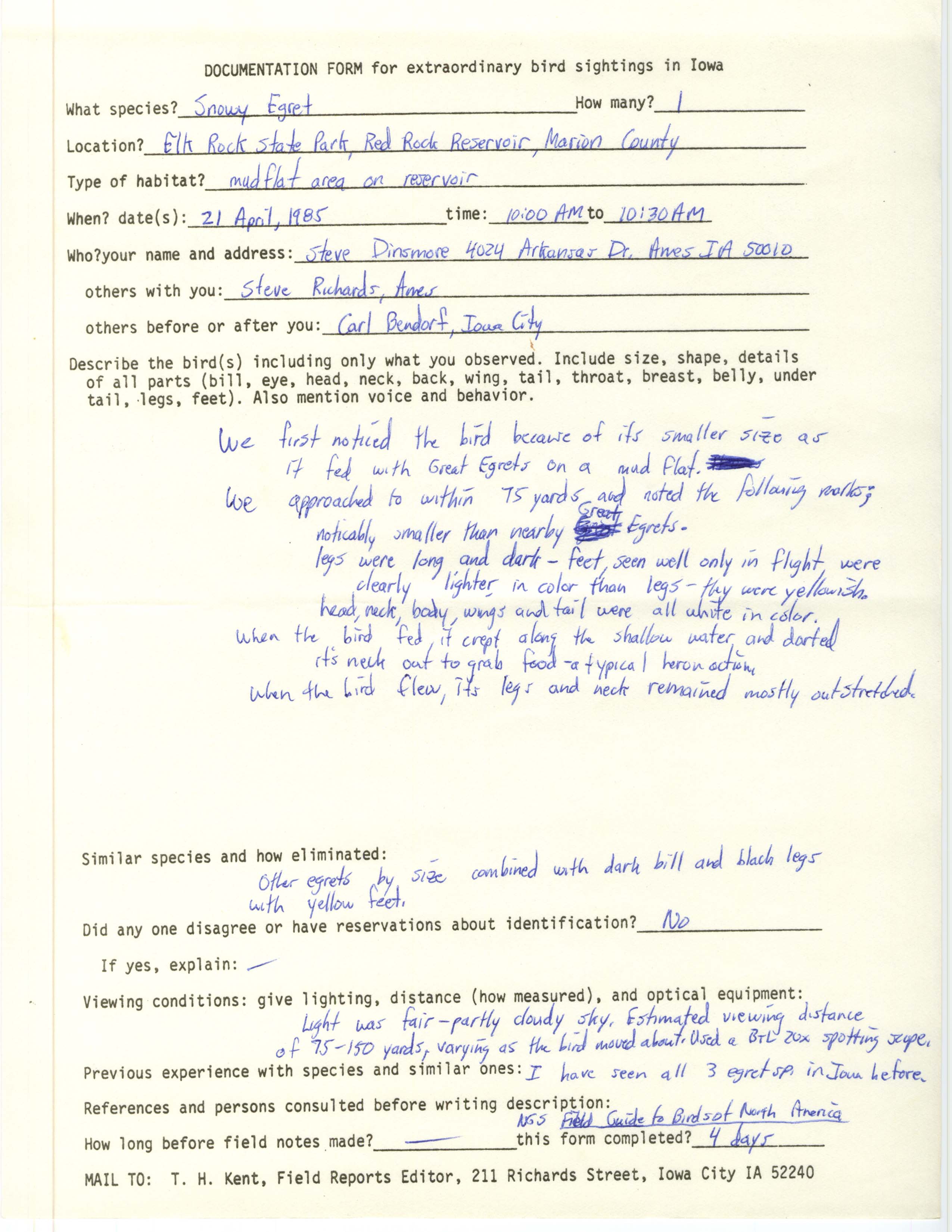 Rare bird documentation form for Snowy Egret at Elk Rock State Park, 1985