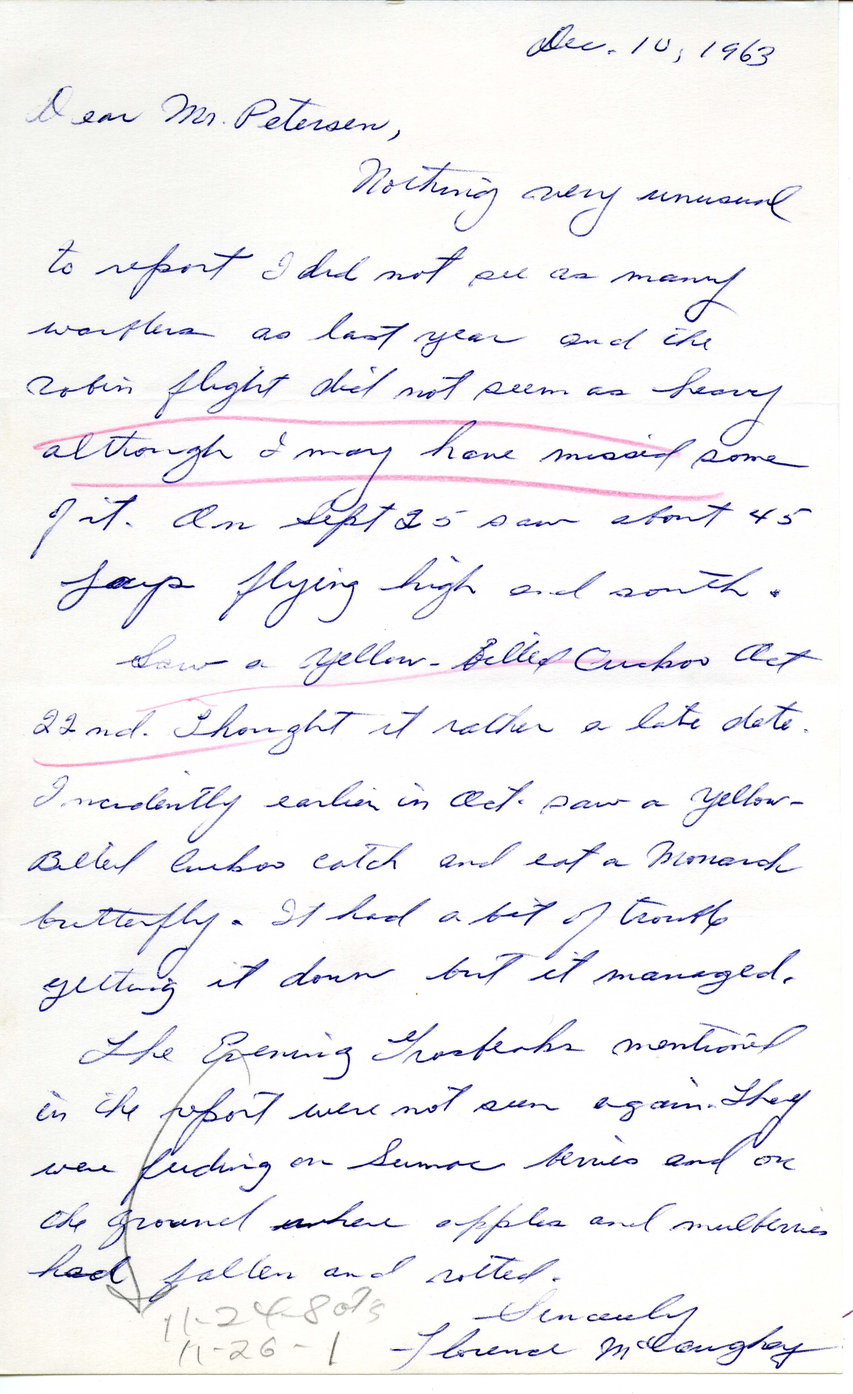 Florence McCaughey letter to Peter C. Petersen regarding field notes, December 10, 1963