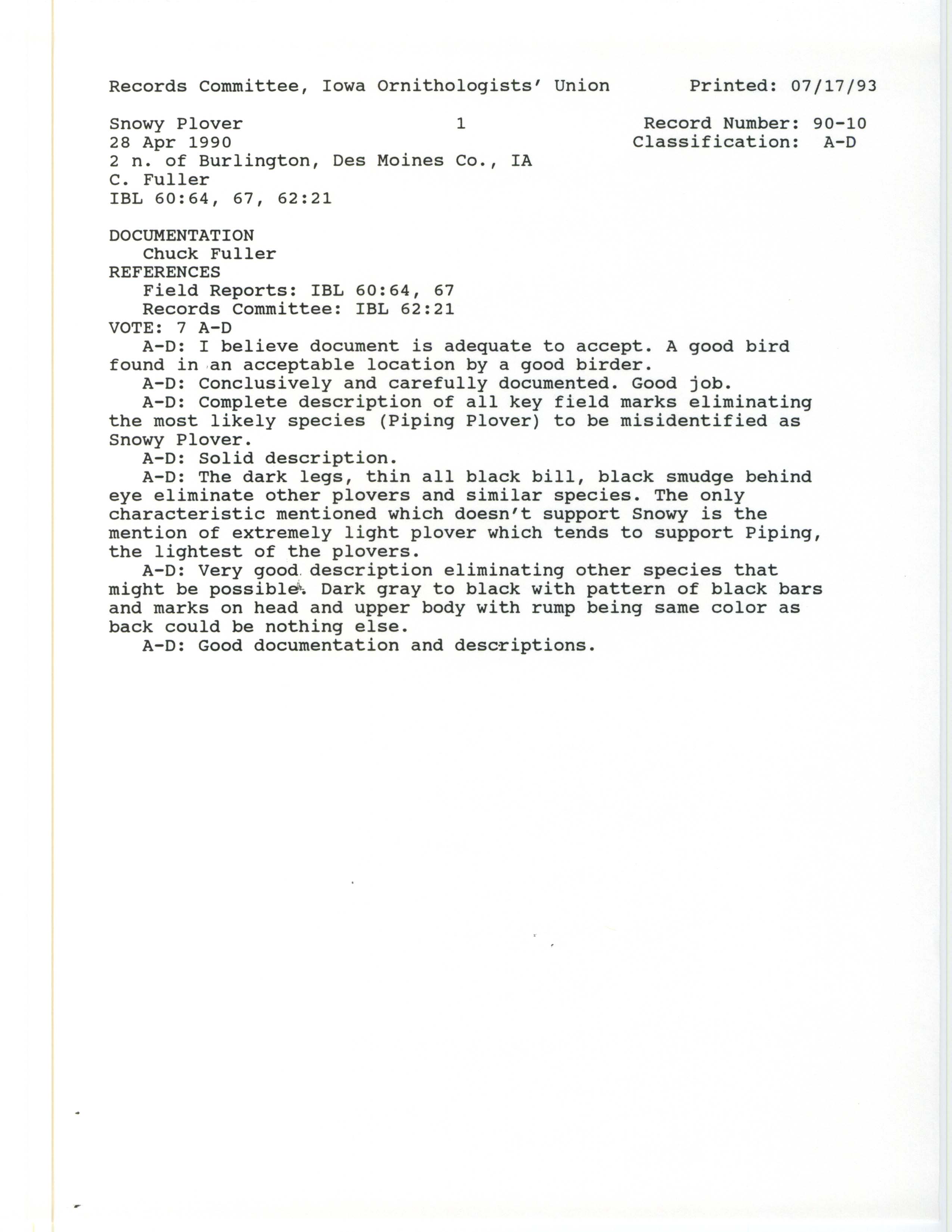 Records Committee review for rare bird sighting of Snowy Plover north of Burlington, 1990