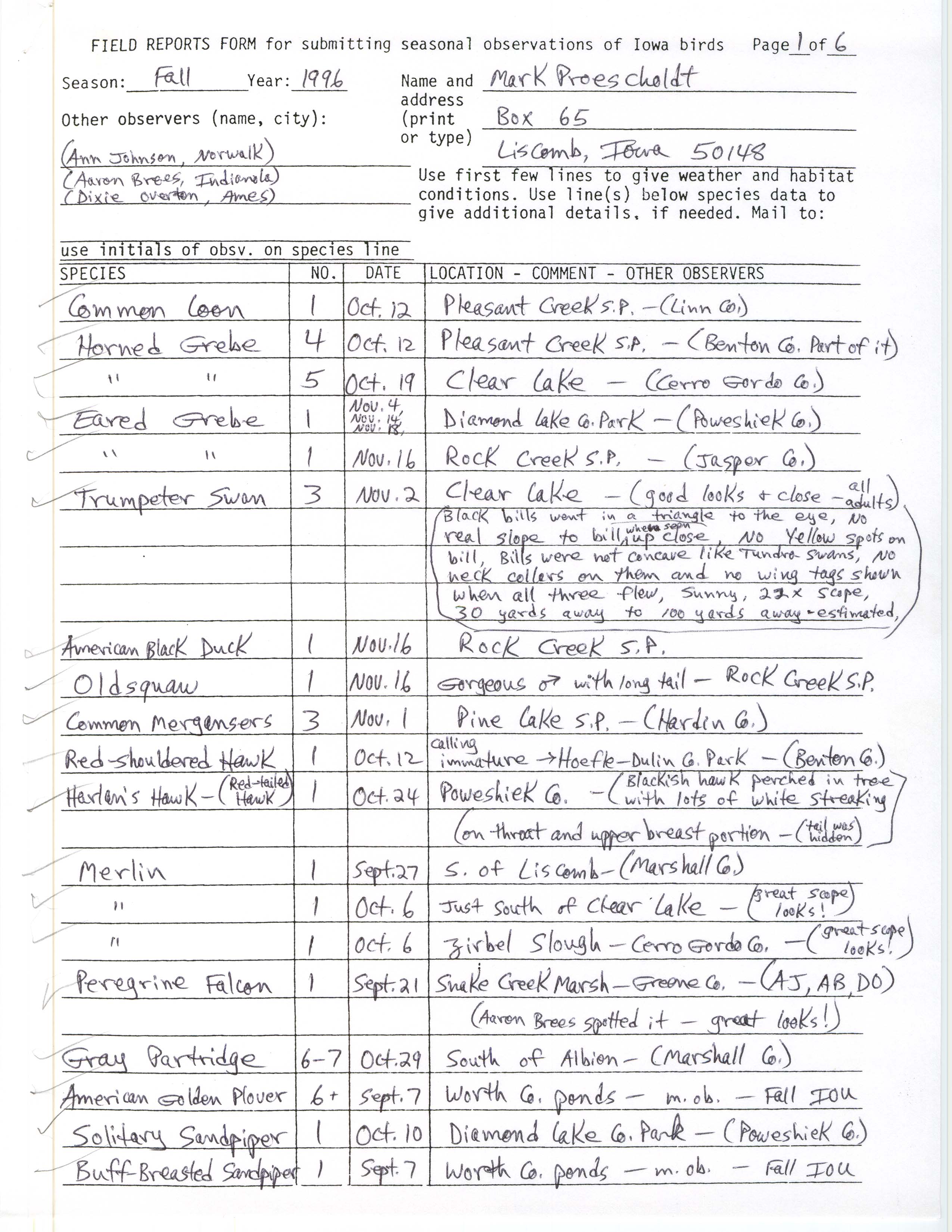 Field reports form for submitting seasonal observations of Iowa birds, Mark Proescholdt, fall 1996