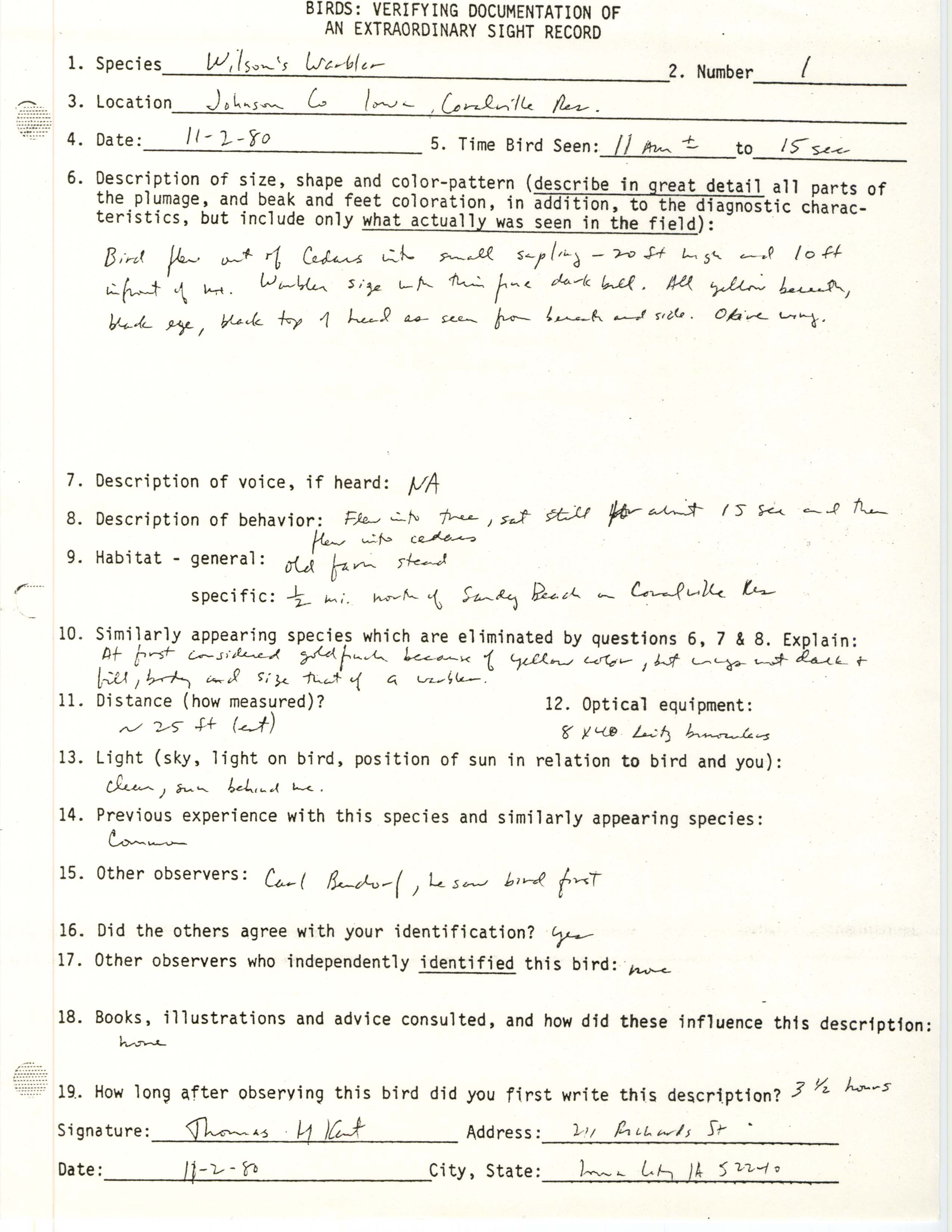 Rare bird documentation form for Wilson's Warbler at Coralville Reservoir, 1980