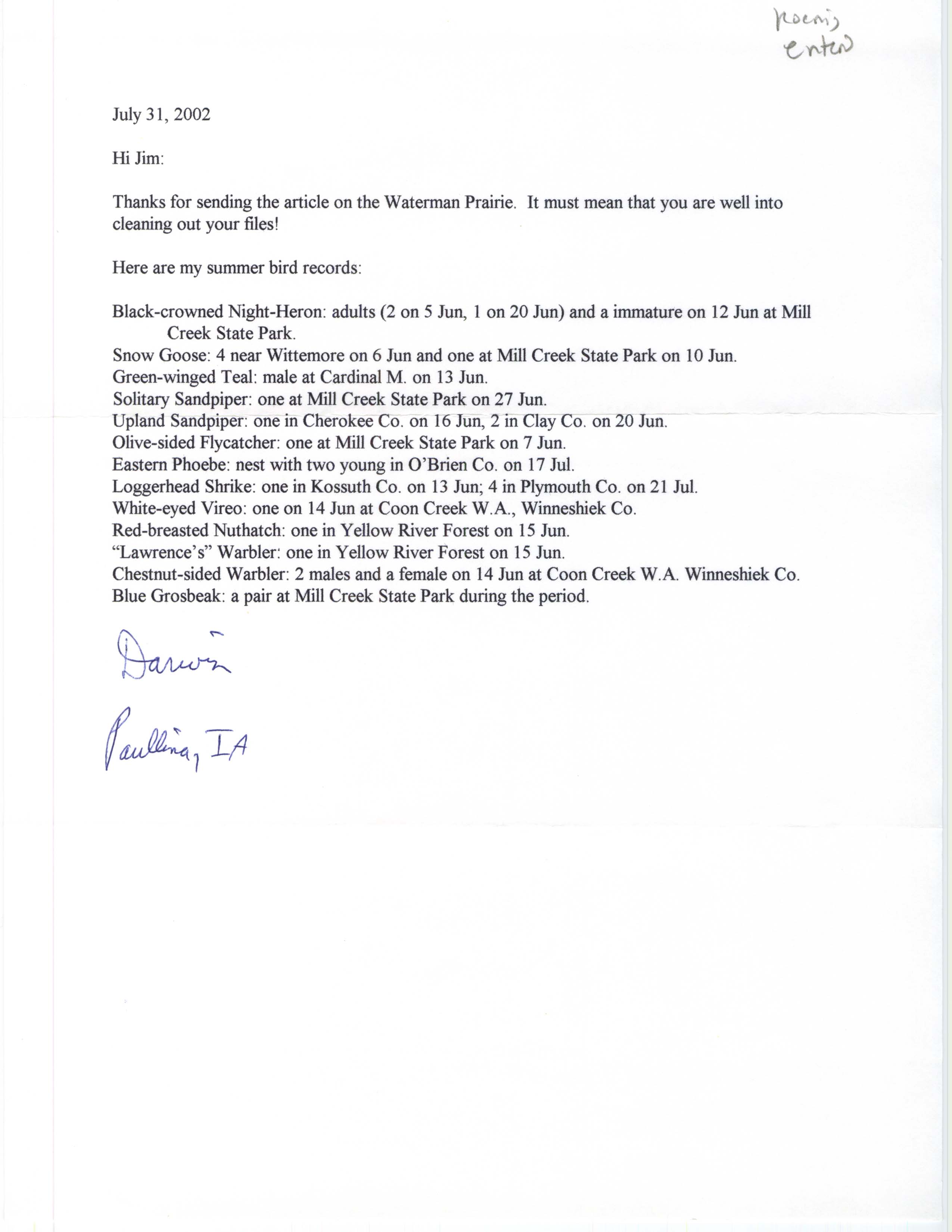 Darwin Koenig letter to James J. Dinsmore regarding summer bird sightings, July 31, 2002
