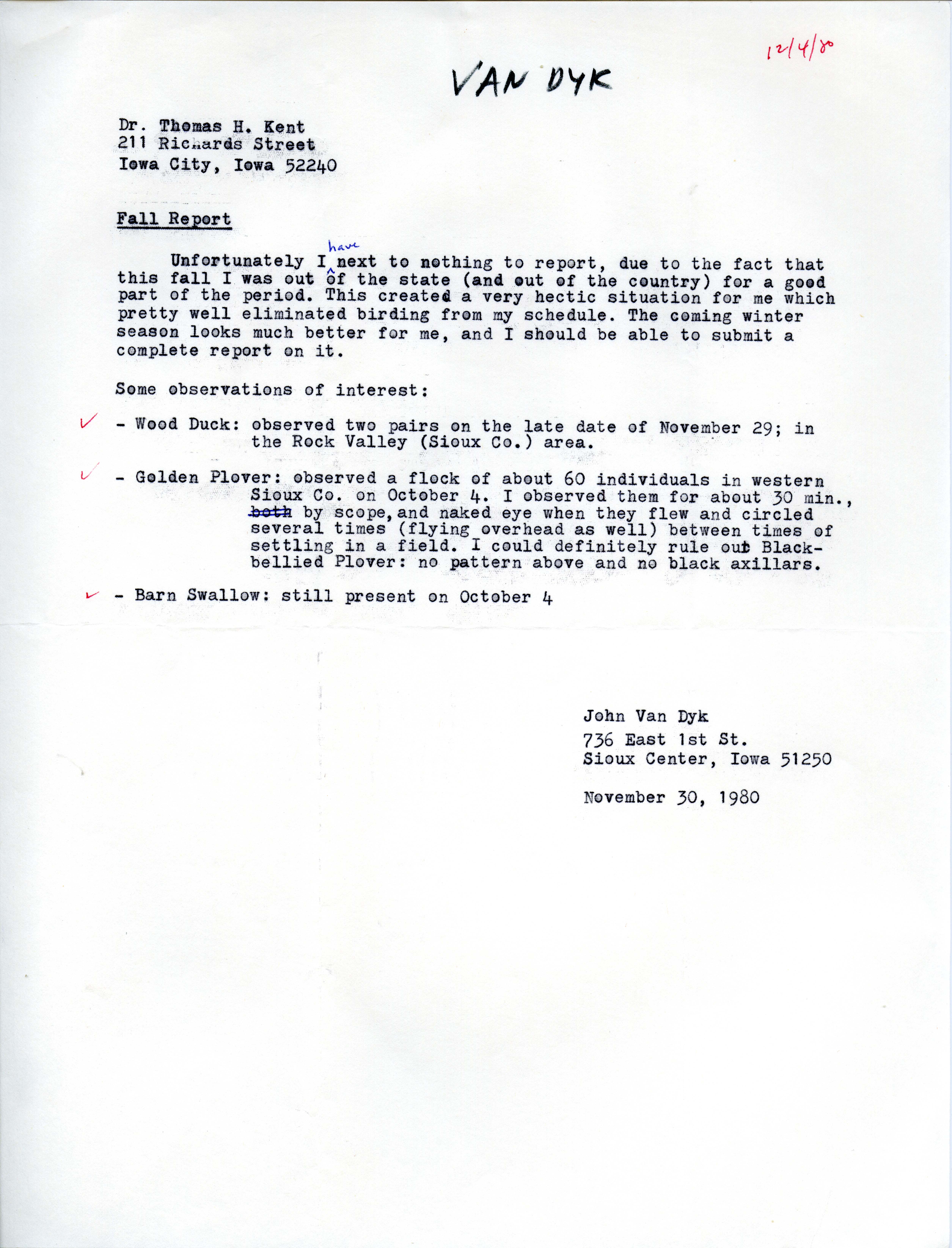John Van Dyk letter to Thomas Kent regarding his Fall report, November 30, 1980