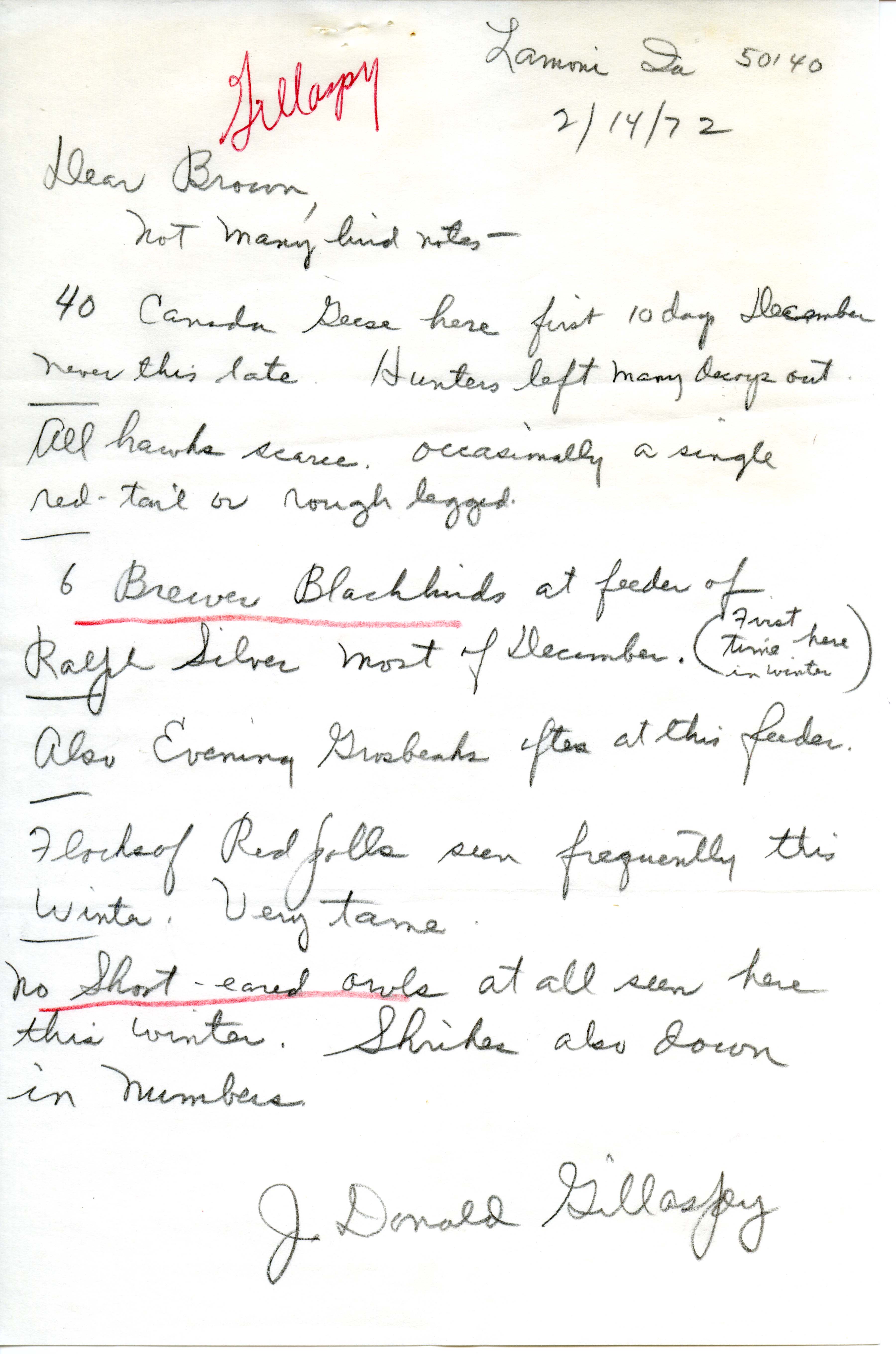 J. Donald Gillaspey letter to Woodward H. Brown regarding birds seen in Lamoni, Iowa, during winter 1971-1972, February 14, 1972