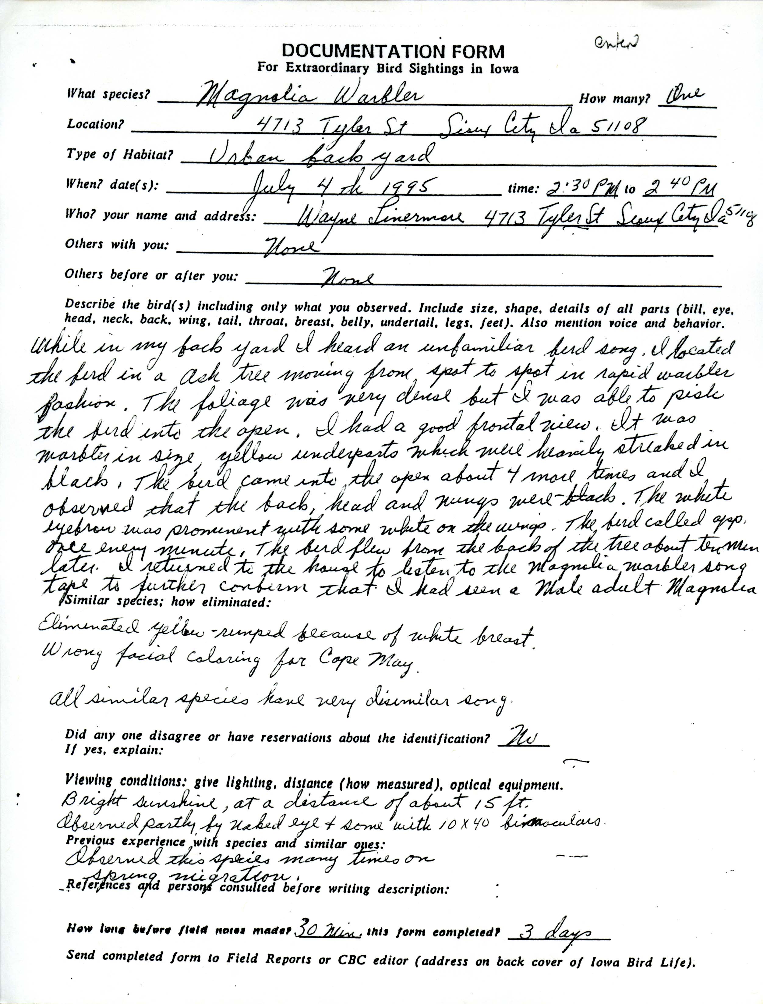 Documentation form for extraordinary bird sightings in Iowa, Magnolia Warbler, July 4, 1995, Wayne Livermore