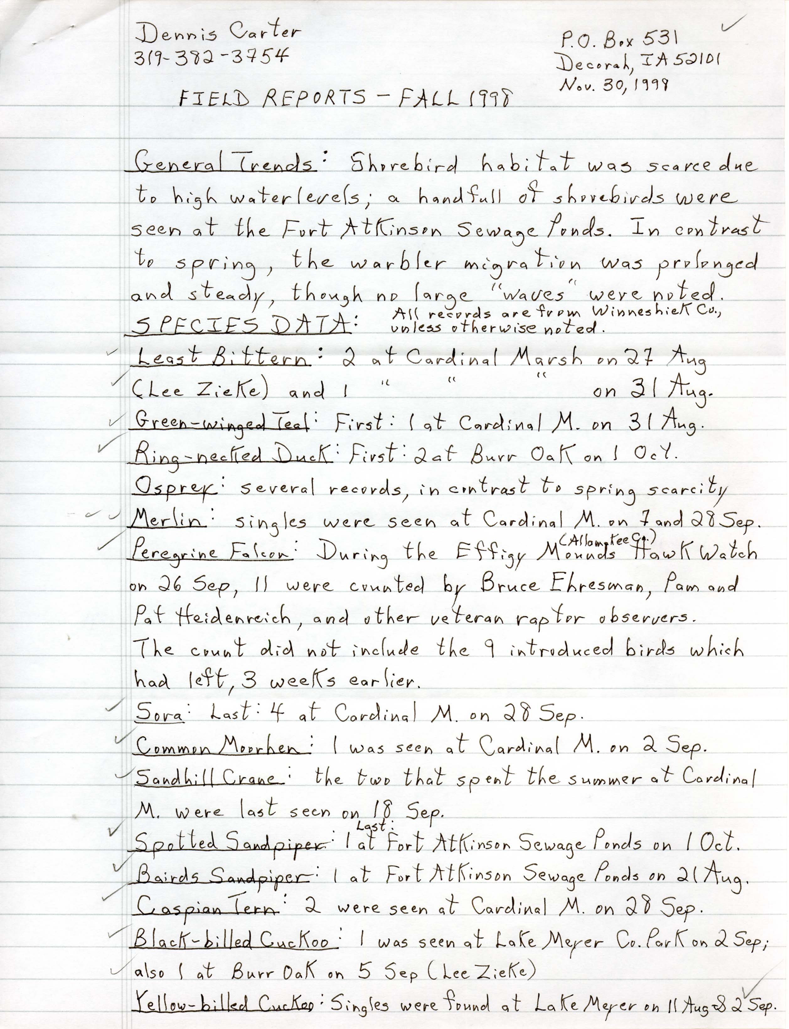 Field notes contributed by Dennis L. Carter, November 30, 1998