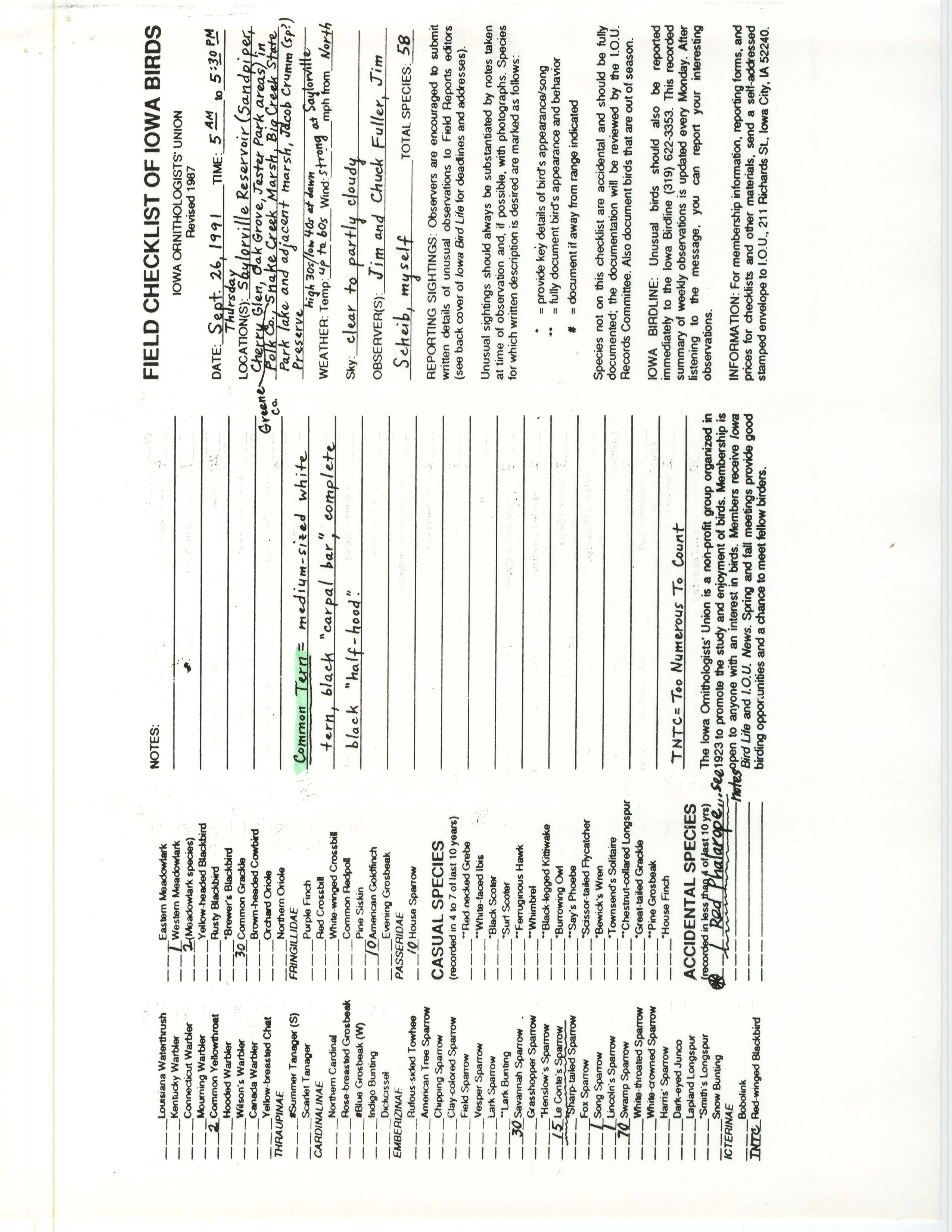 Field checklist of Iowa birds contributed by Randall Pinkston, September 26, 1991
