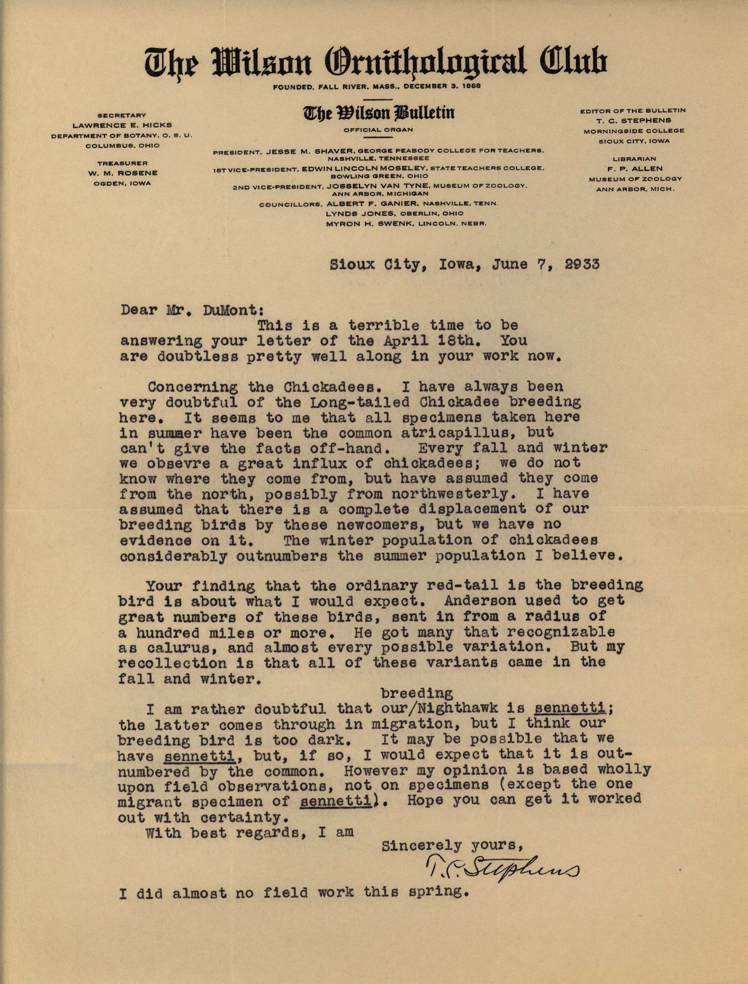 Thomas Stephens letter to Philip DuMont regarding Chickadees in Iowa, June 7, 1933