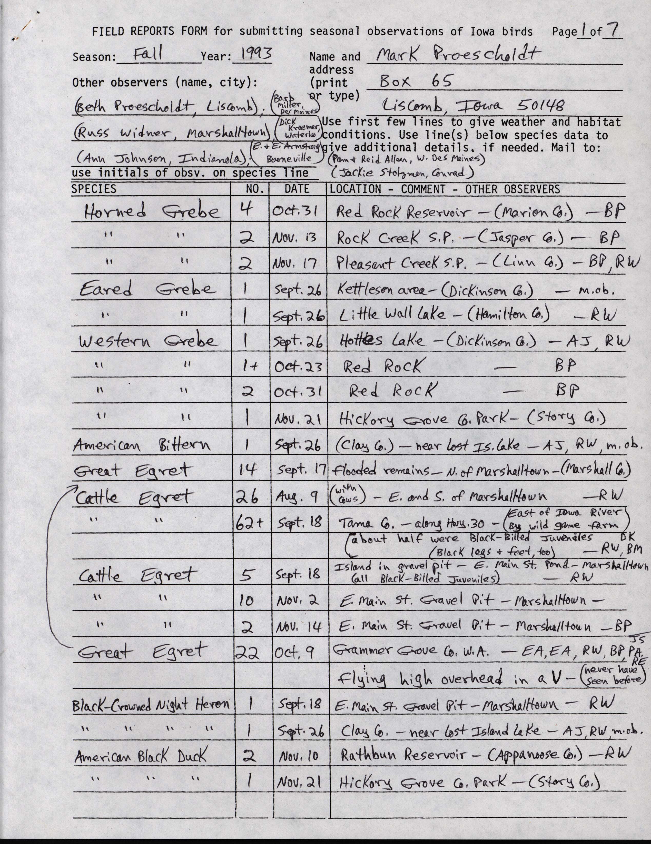 Field reports form for submitting seasonal observations of Iowa birds, Mark Proescholdt, fall 1993