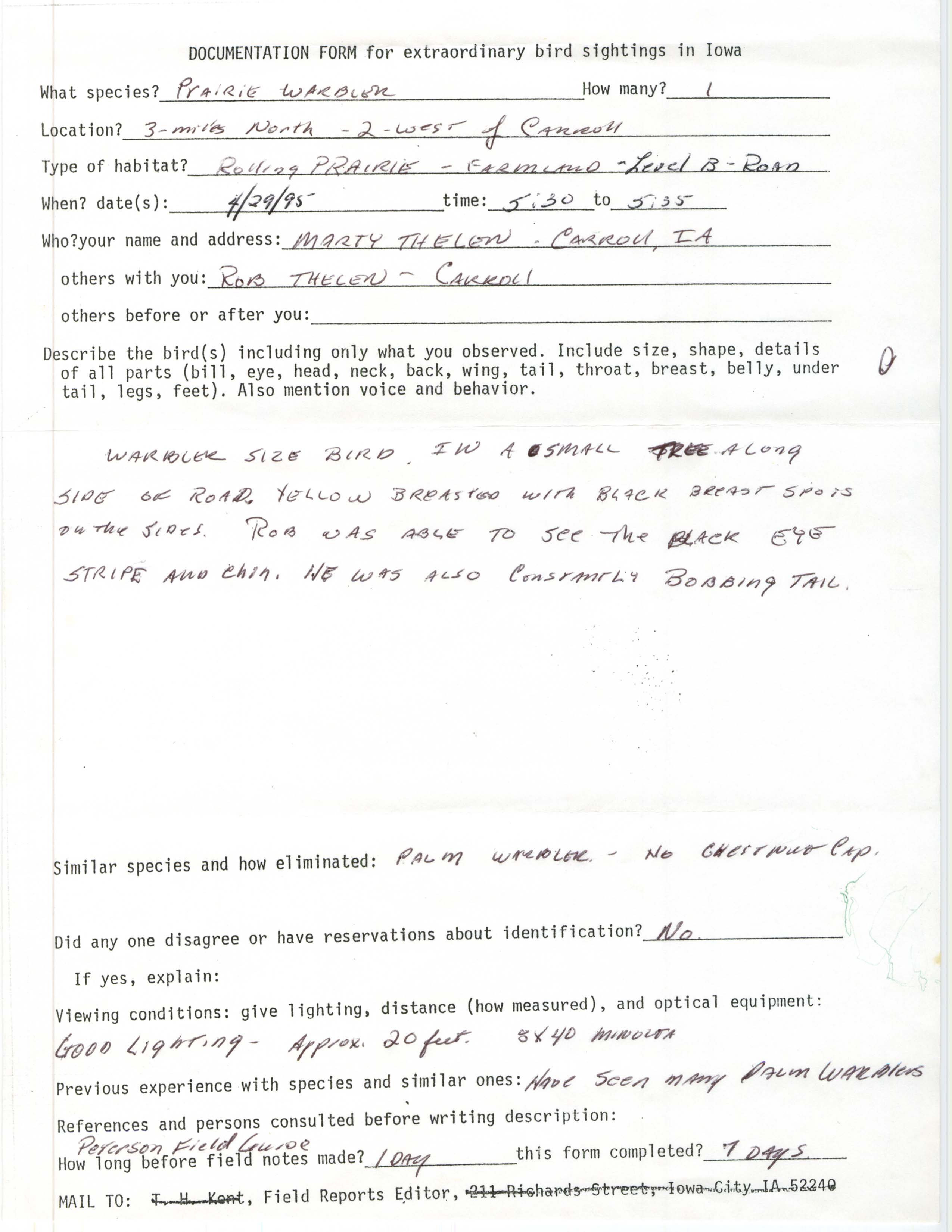 Rare bird documentation form for Prairie Warbler northwest of Carroll, 1995