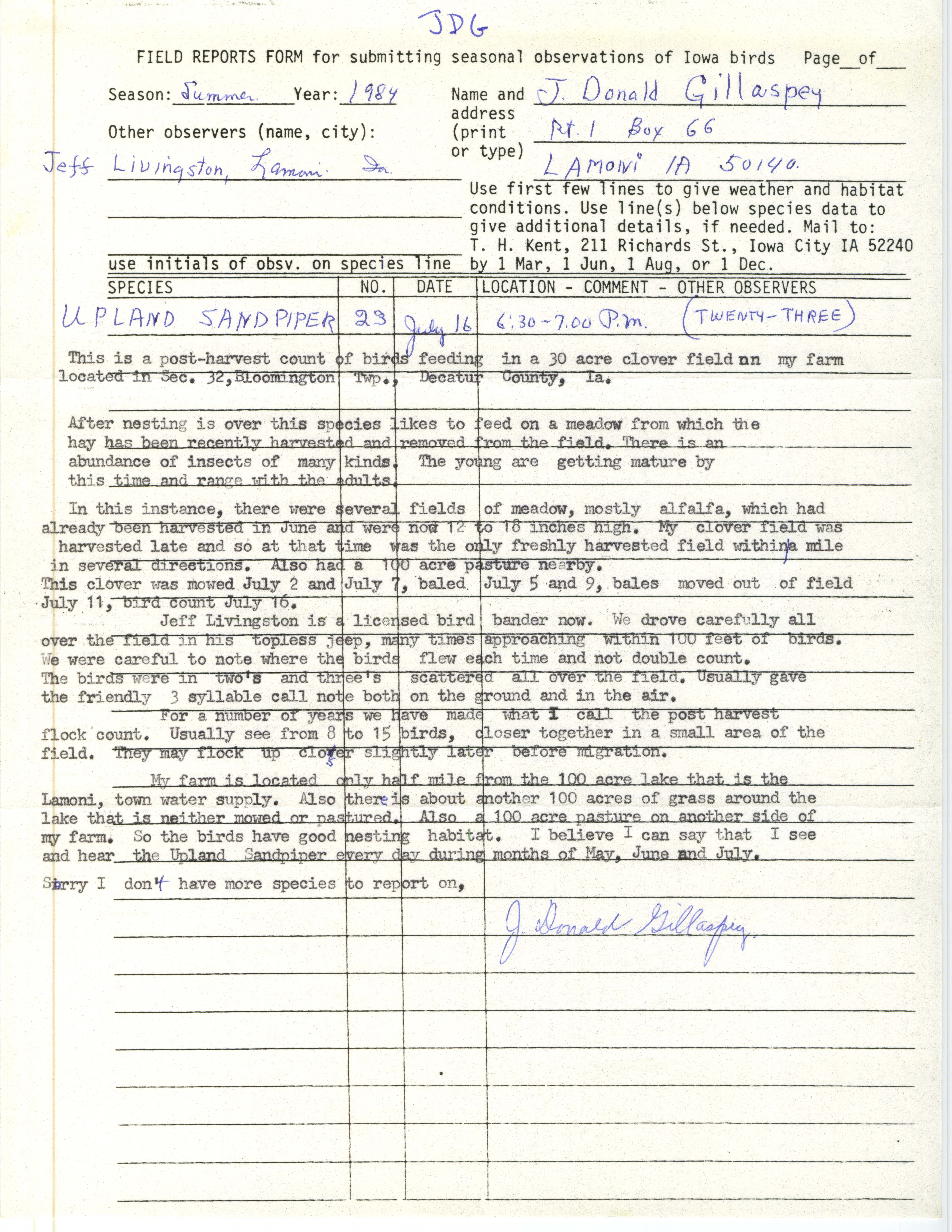Field notes contributed by J. Donald Gillaspey, Lamoni, Iowa, summer 1984